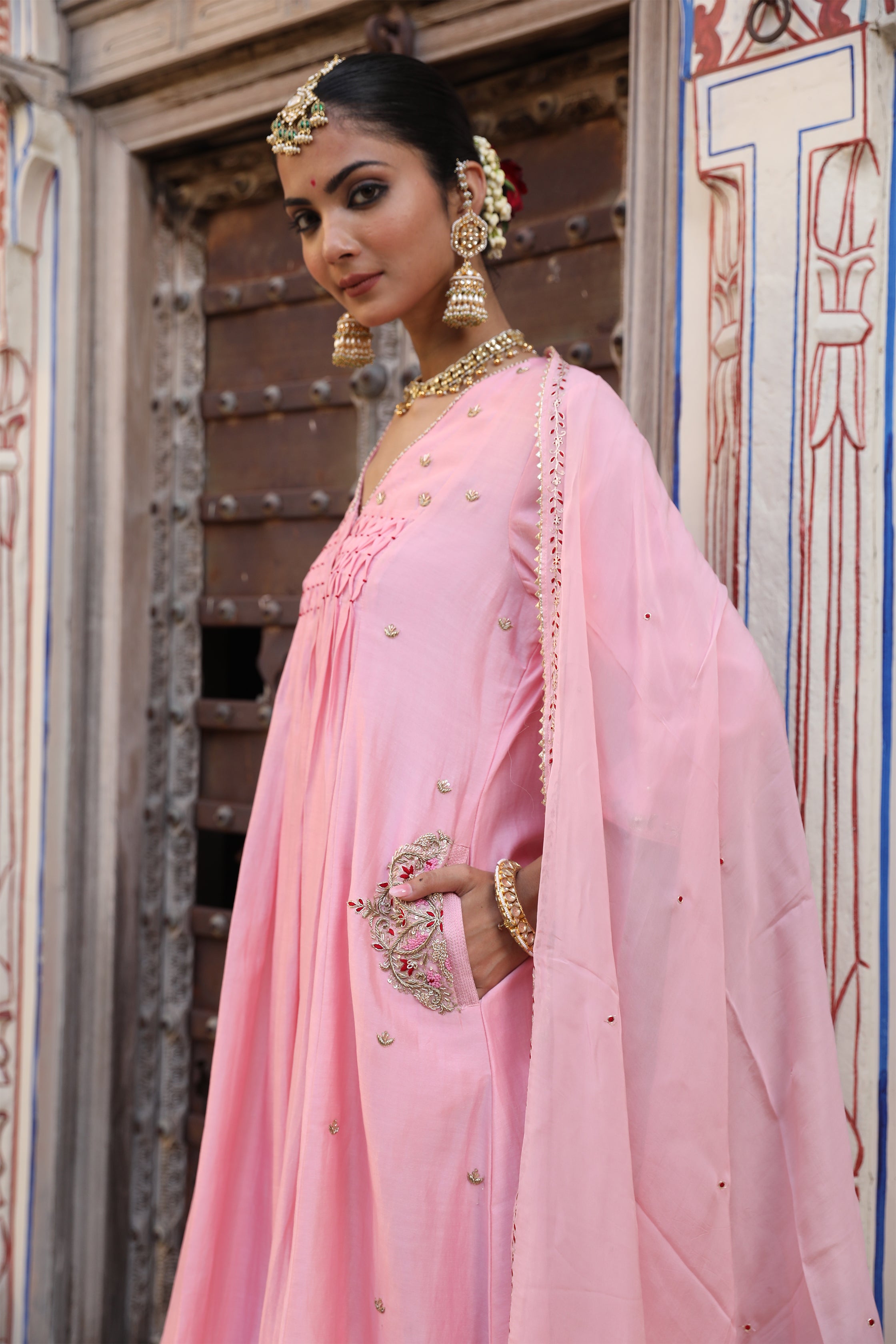 Laxmi Kali Suit Set in Powder Pink with Zardosi Handwork