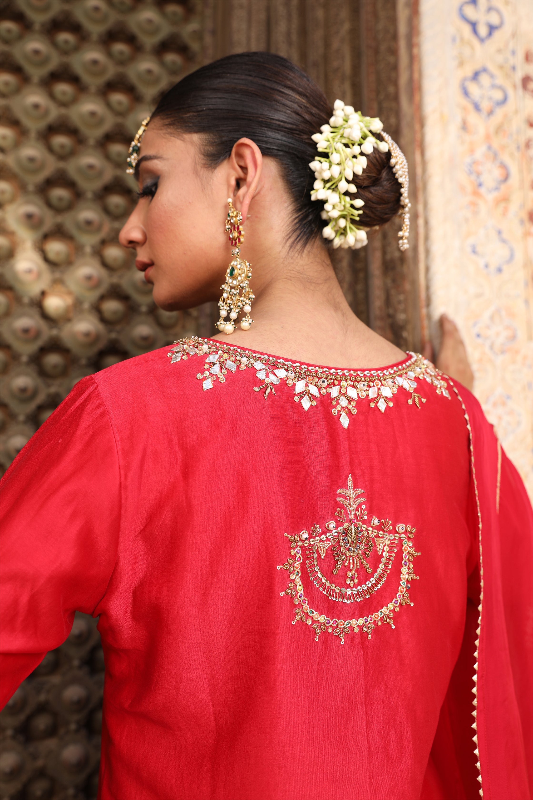 Gaj Sharara Set in Red Silk with Gota Patti & Zardosi Handwork