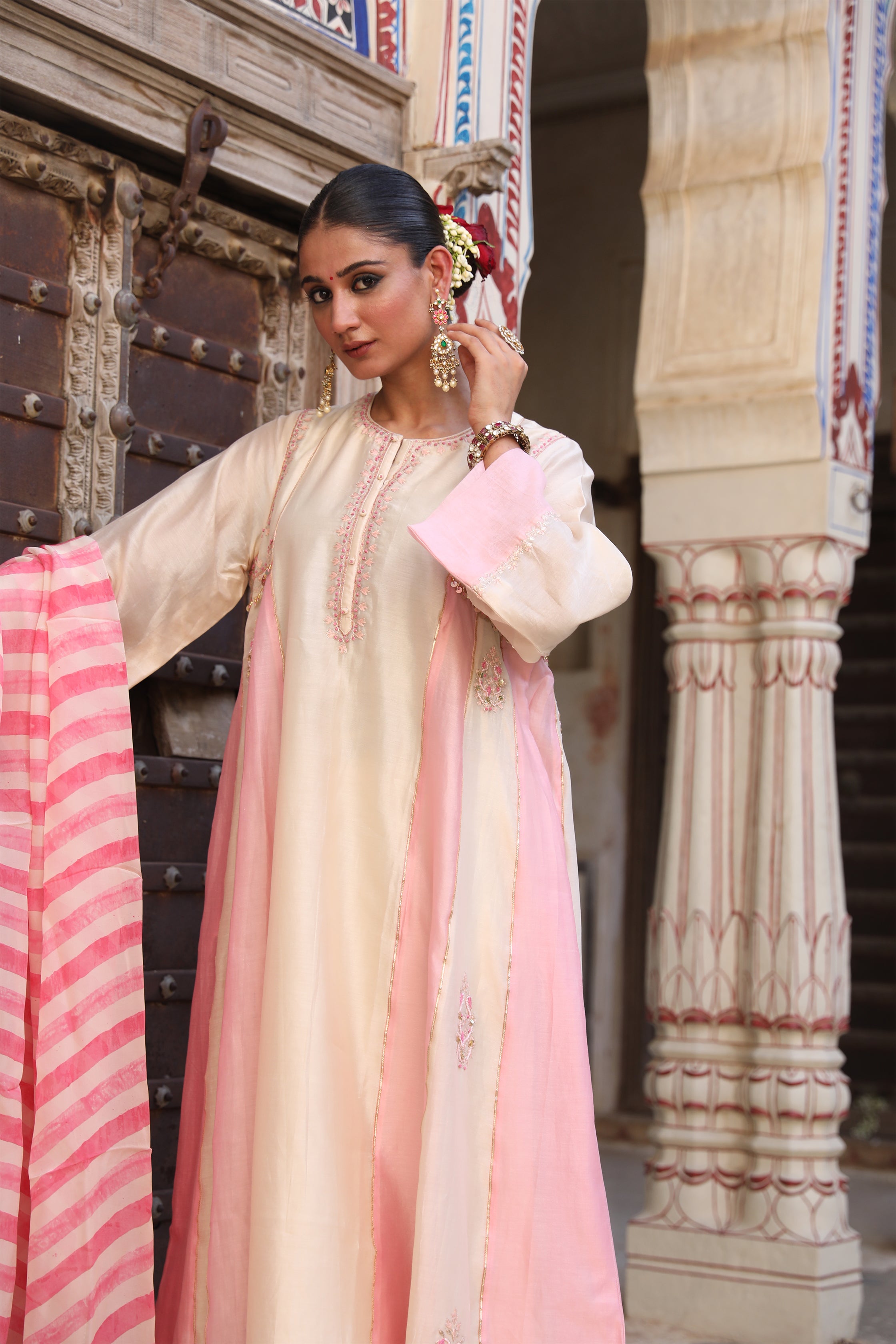 Mishthi Kali Suit Set in Ivory & Pink with Pitta Handwork