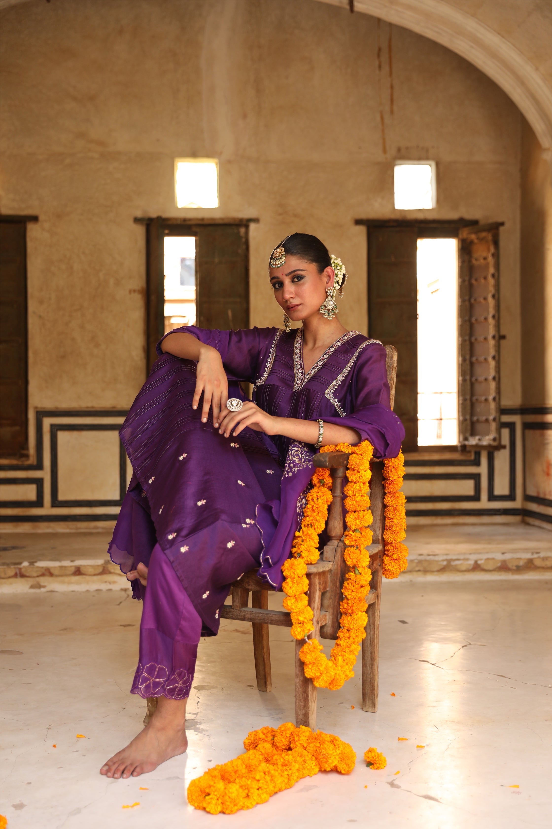 Kashvi A-Line Suit Set in Purple with Zardosi Handwork