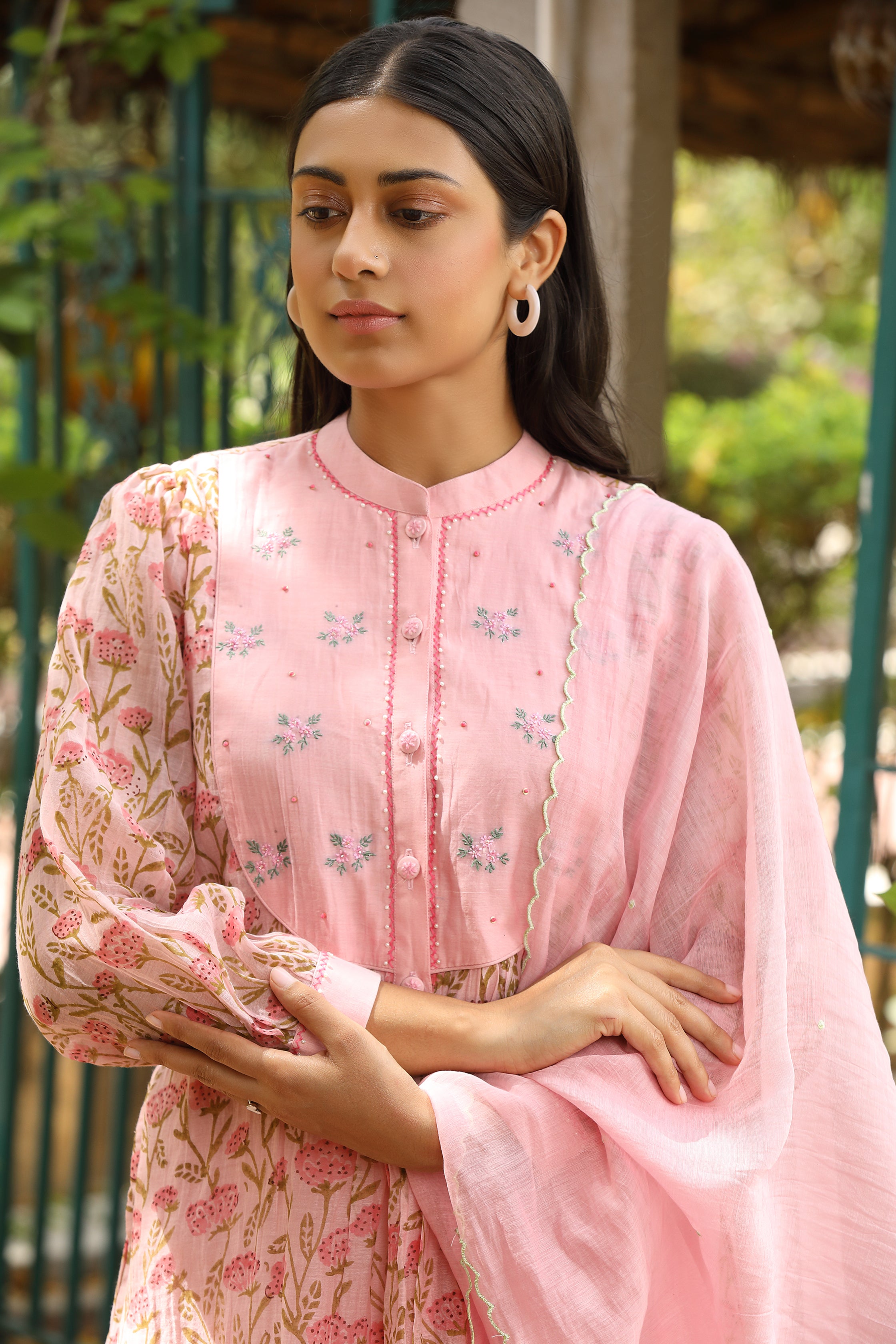 Bougan Suit Set in Pink with Embroidered Dupatta