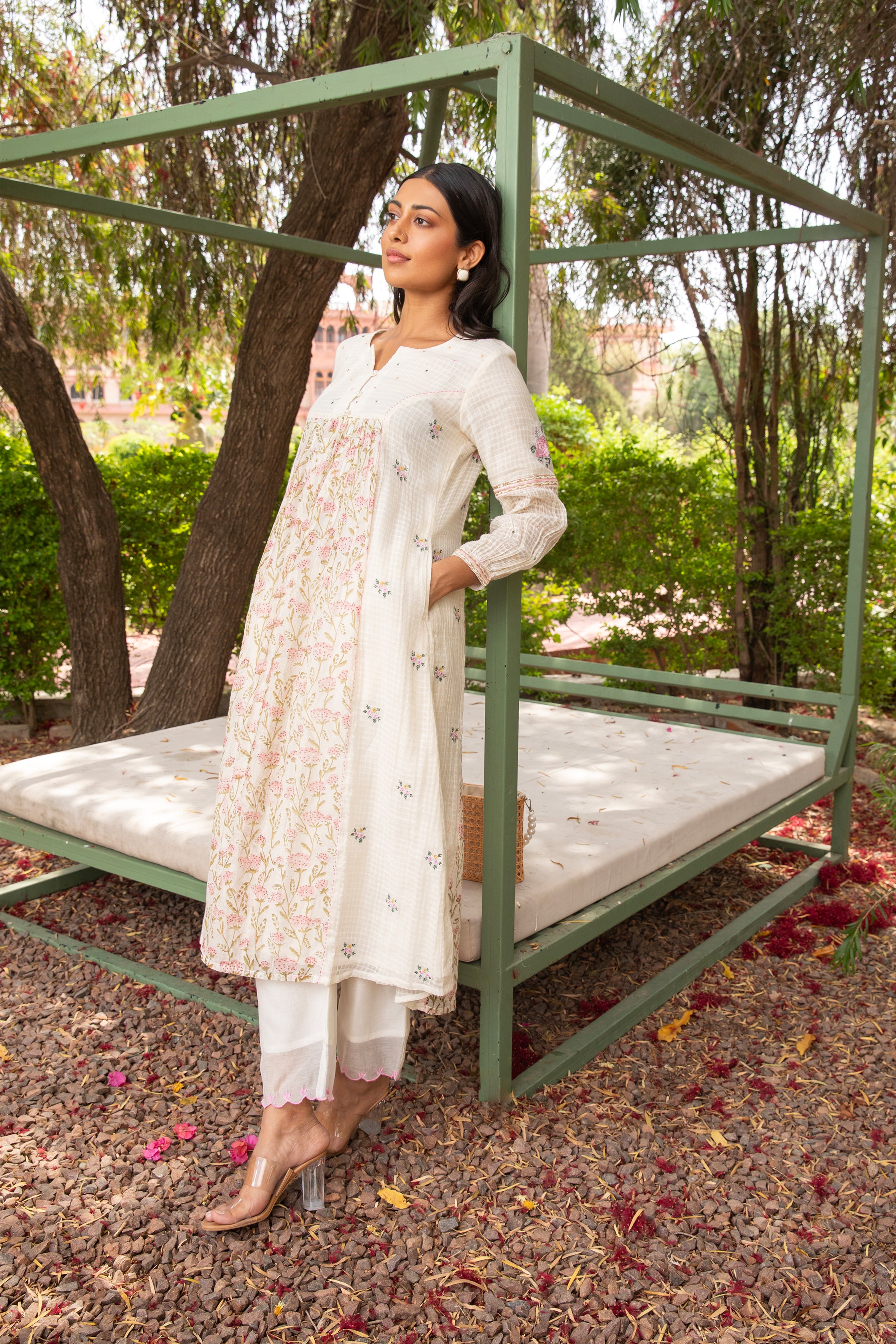 Gul Gather Dobby Kurta Set in Off White with Subtle Embroidery