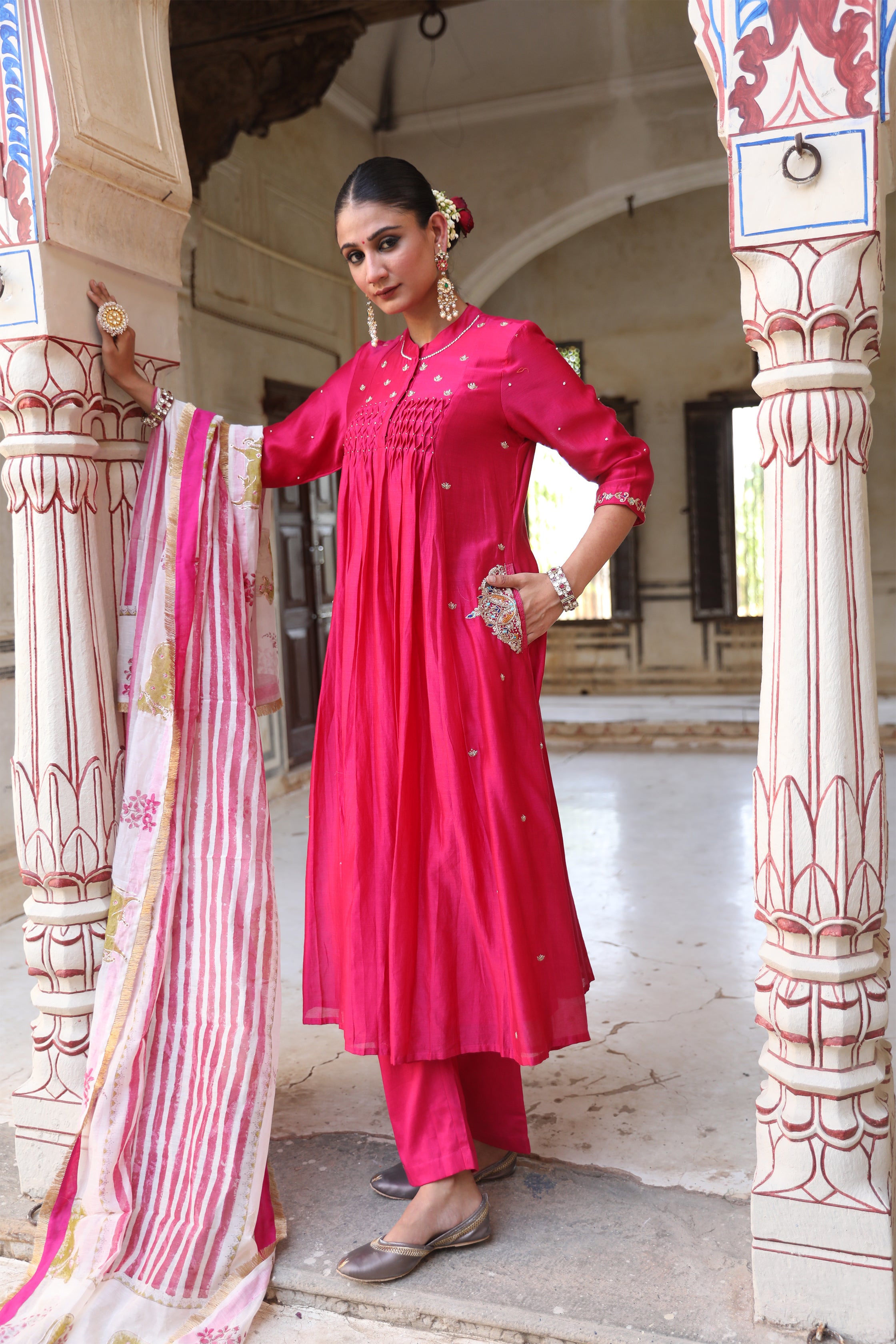 Laxmi Rani Kali Suit Set in Rani Pink with Zardosi Handwork