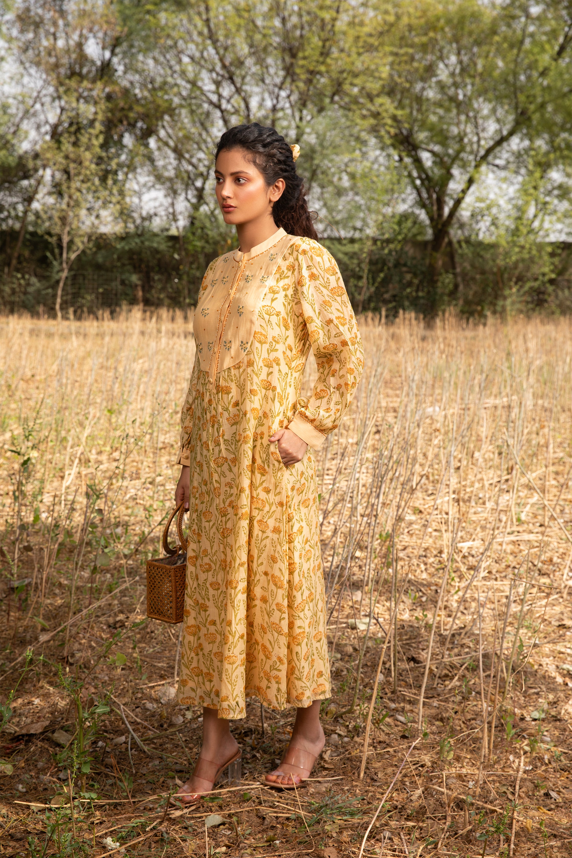 Yellow Solid Dress with Embroidered Yoke and Full Sleeves