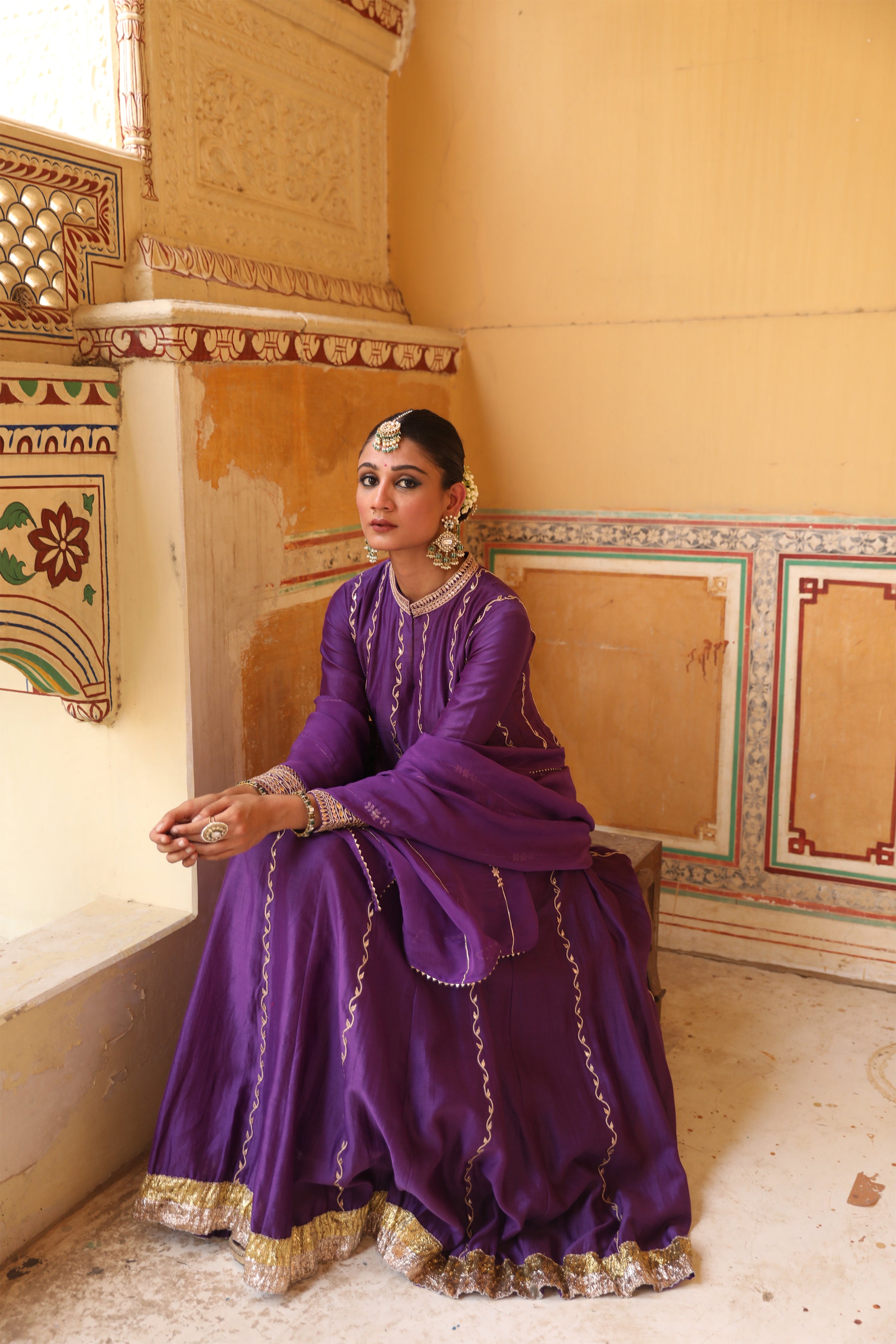 Kundan Anarkali Set in Purple with Gota Handwork