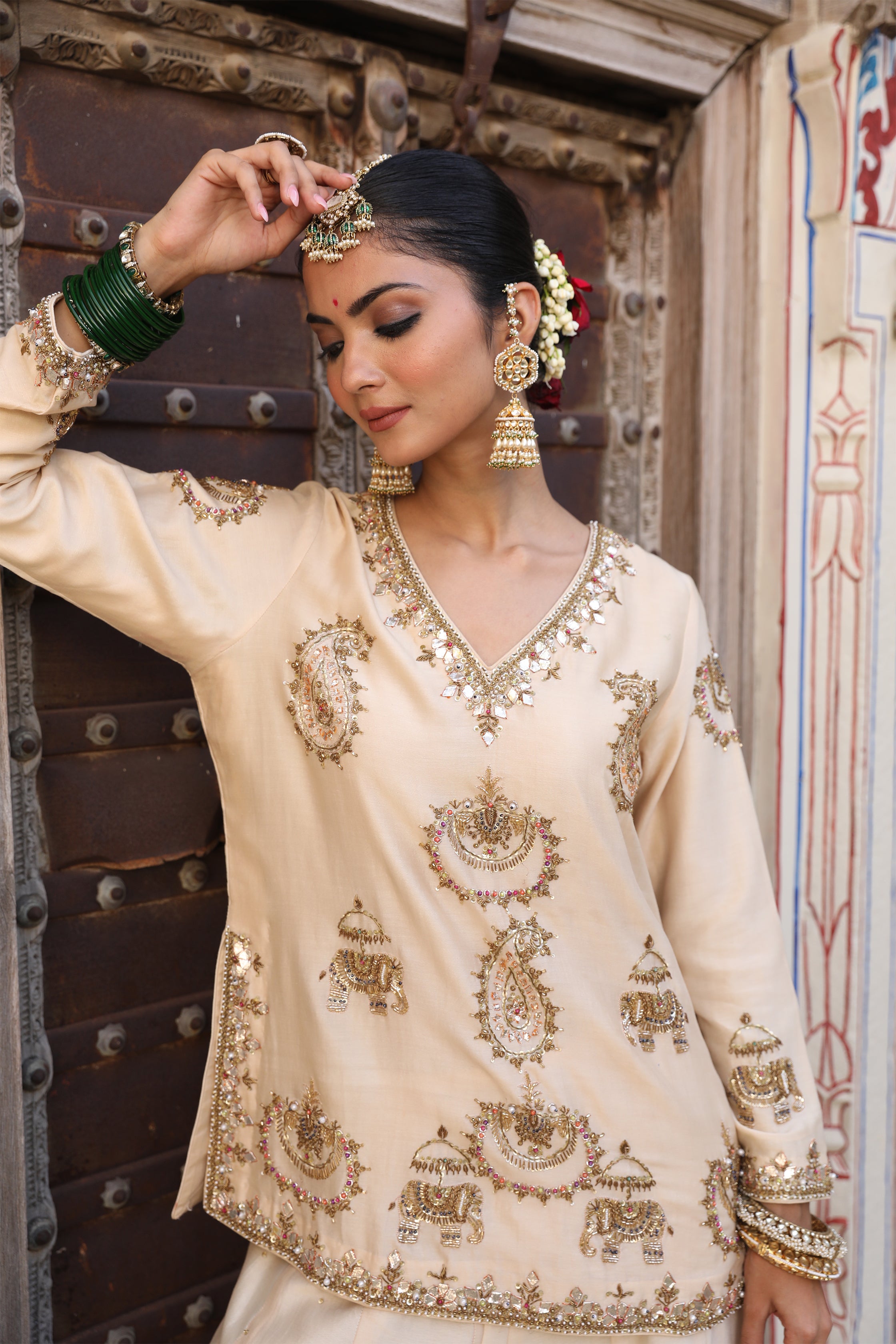 Gaj Sharara Set in Beige with Gota and Zardosi Handwork