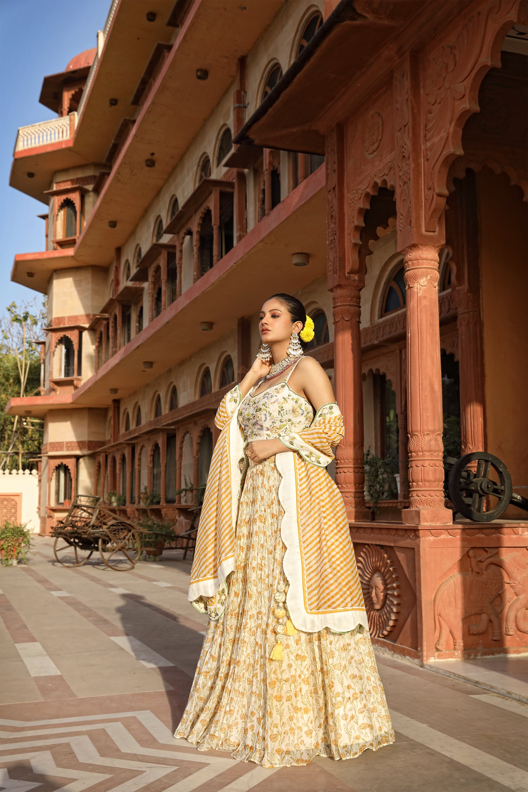 Yellow Cotton Silk Lehenga Set with Detailed Embroidered Blouse and Block Printed Dupatta