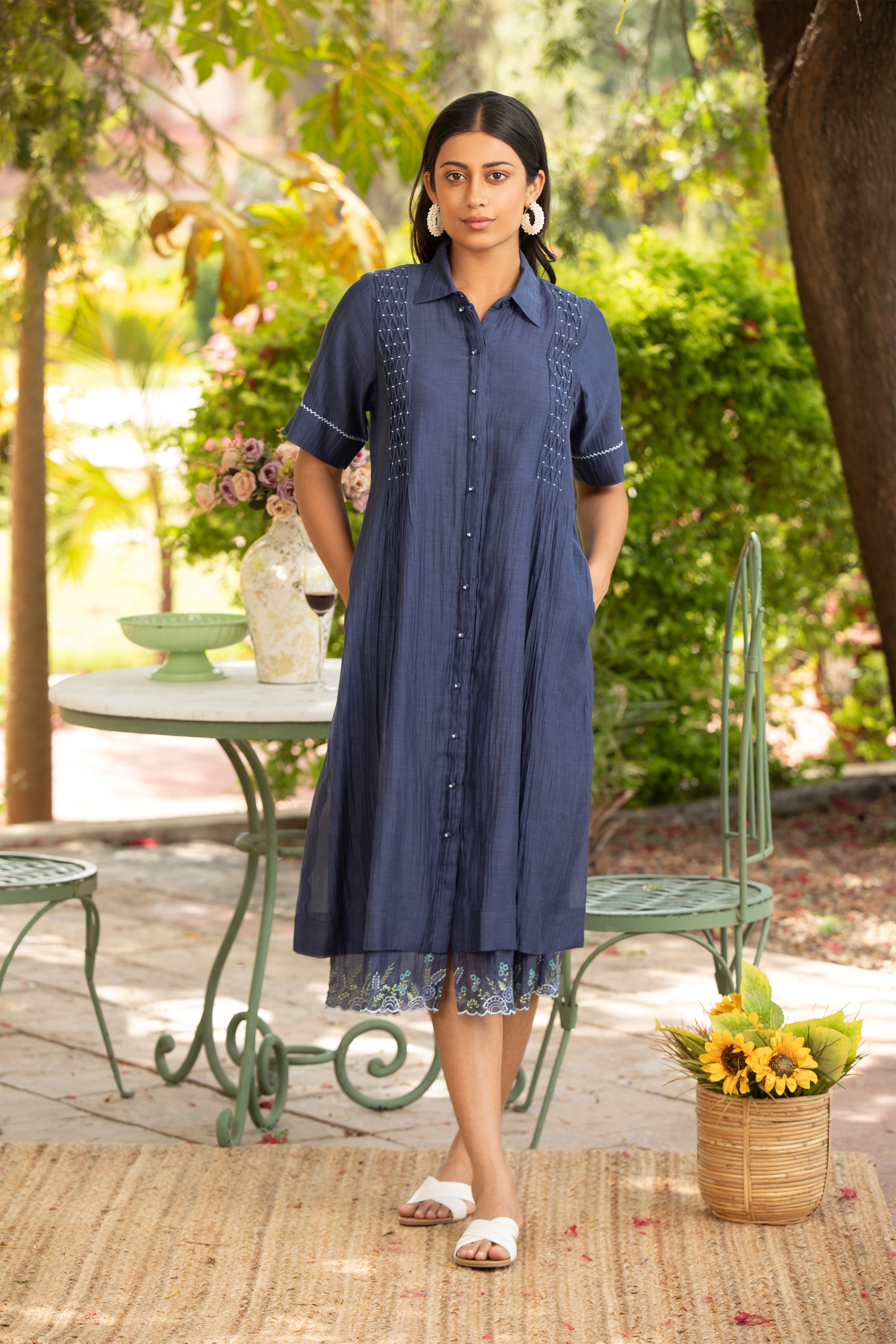 Navy Blue Shirt Dress with Smocked Design and Hand Embroidery