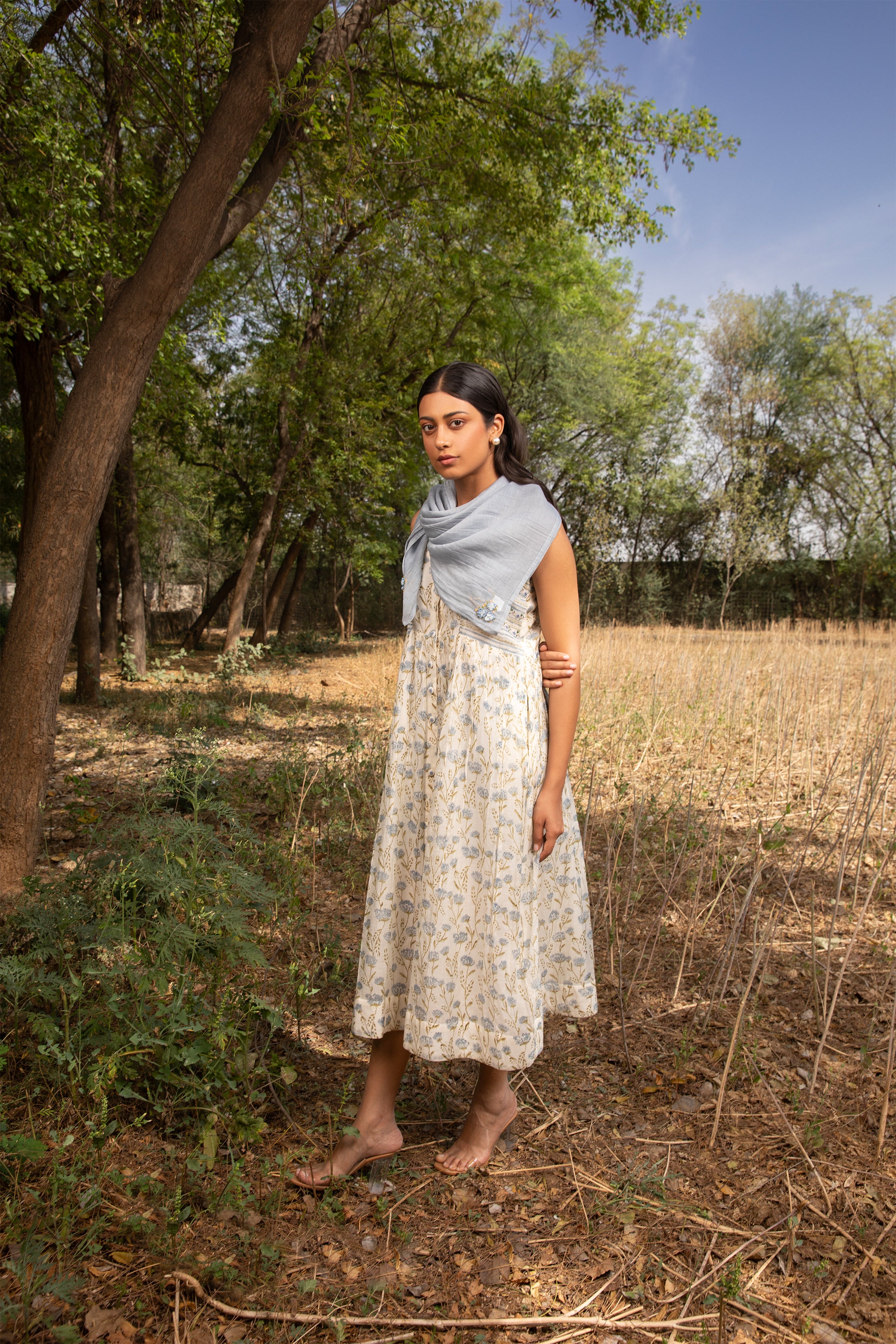 Sleeveless Dress in Off White with Sweetheart Neck and Subtle Embroidery