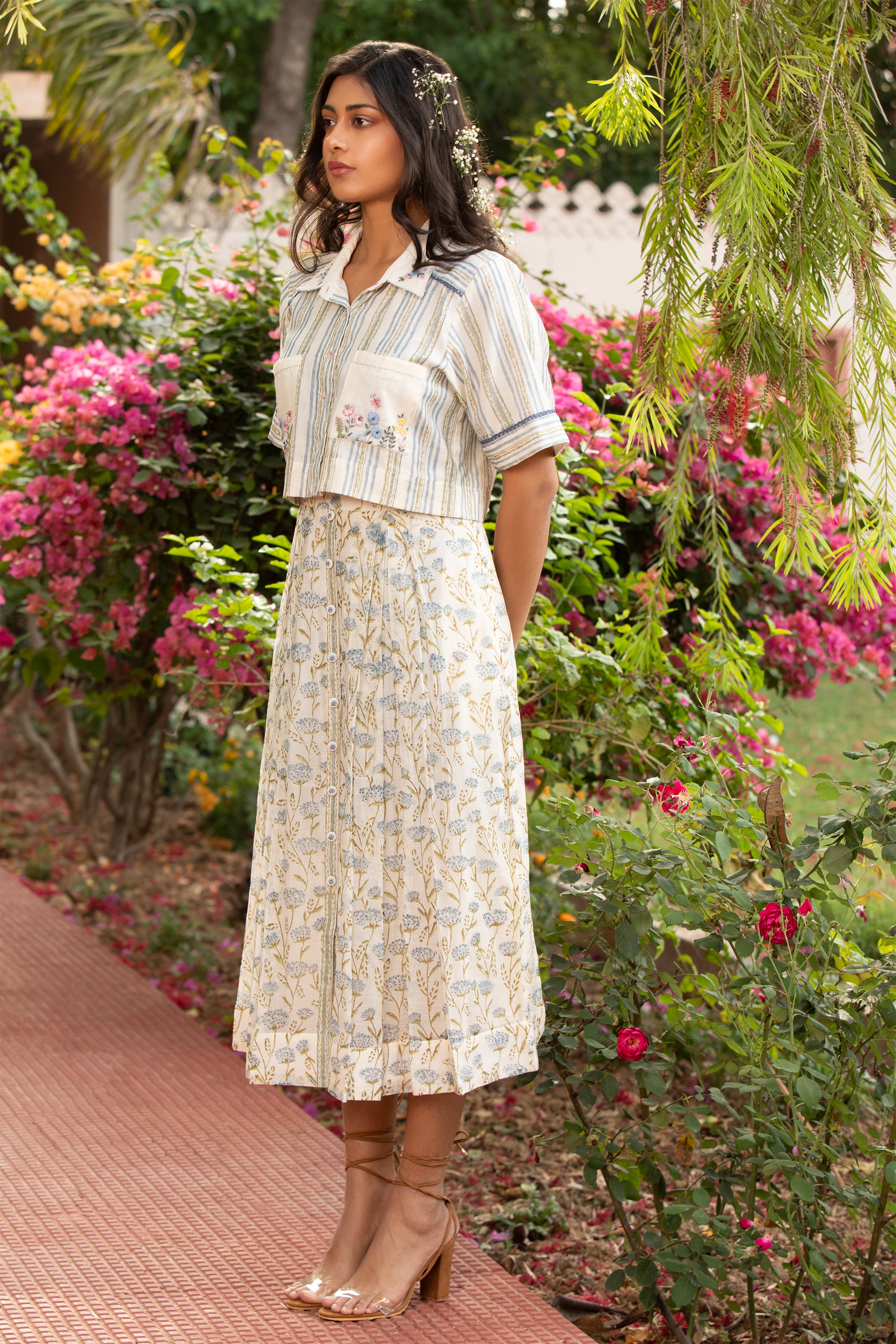 Crop Top and Box Pleated Skirt Set in Off White with Bead and Thread Embroidery