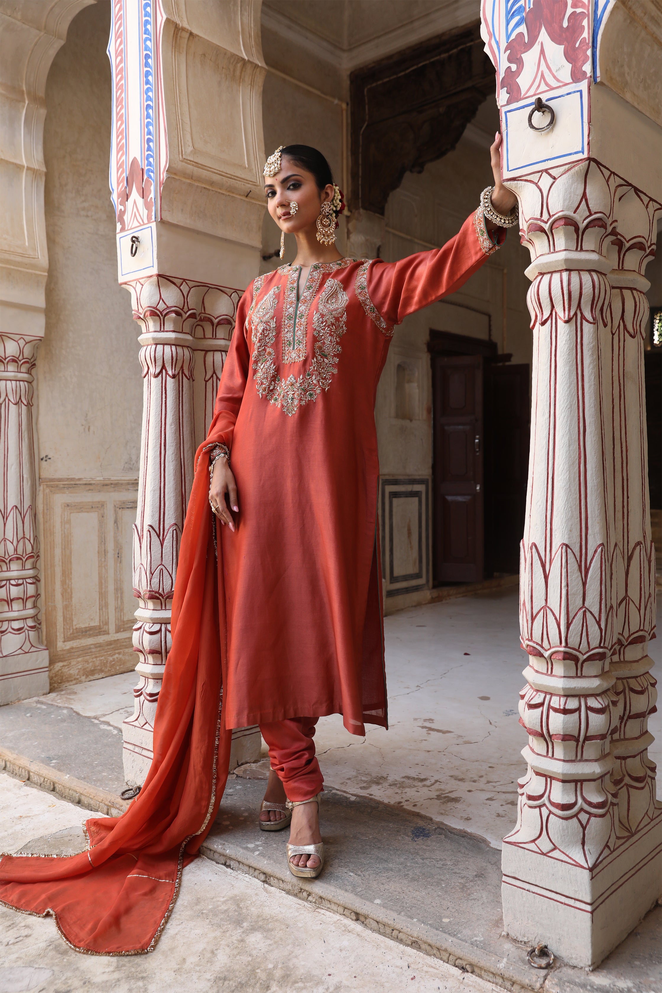 Straight Suit Set in Brick Rust with Zardosi Handwork