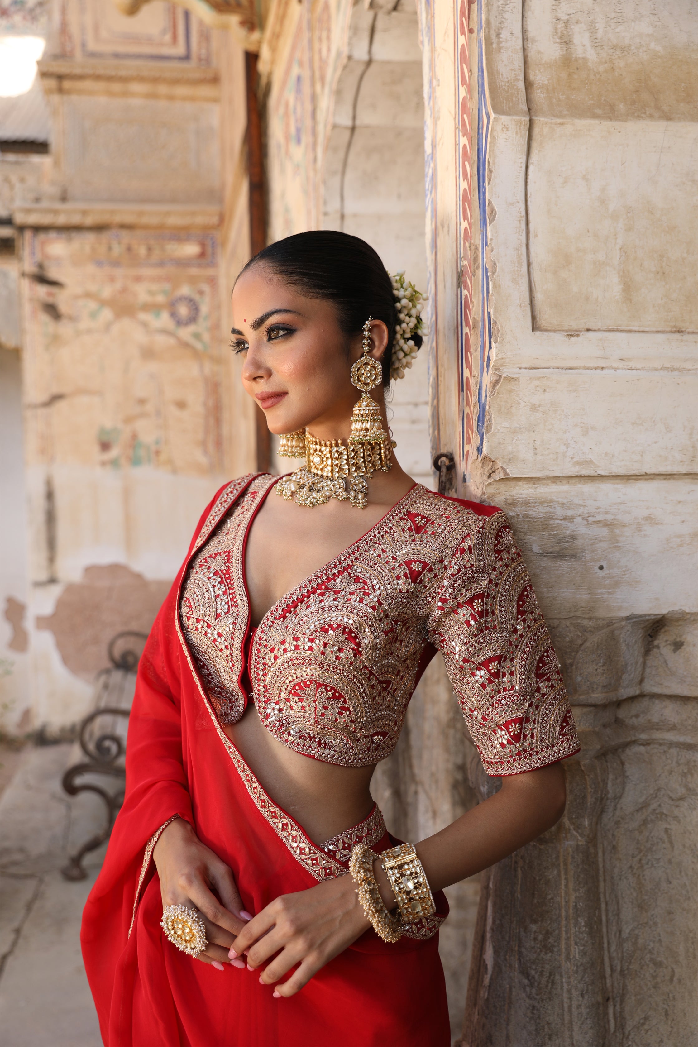 Laal Surakh Saree in Red Organza with Marodi Handwork