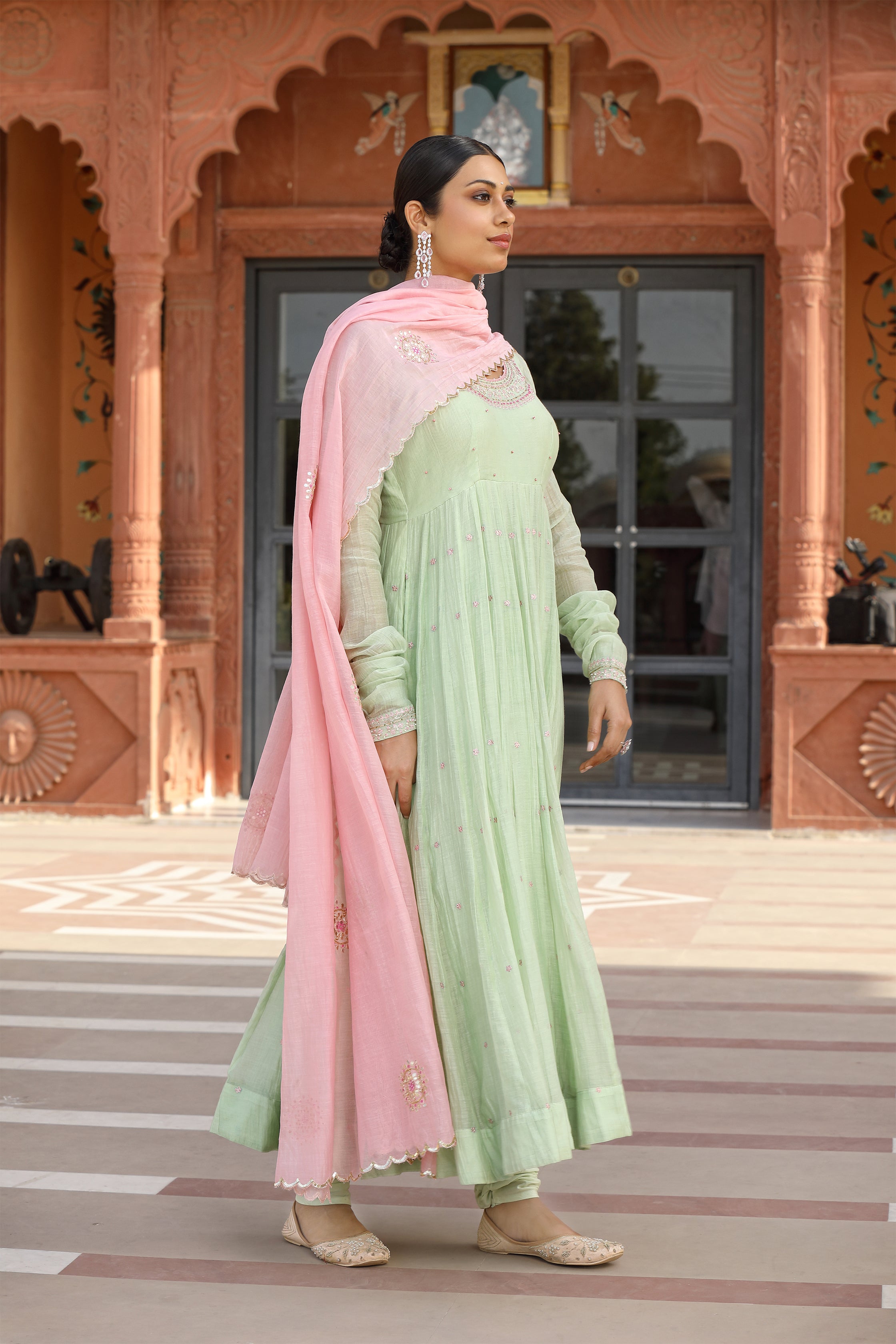 Green Anarkali Set in Lime Green with Contrast Dupatta