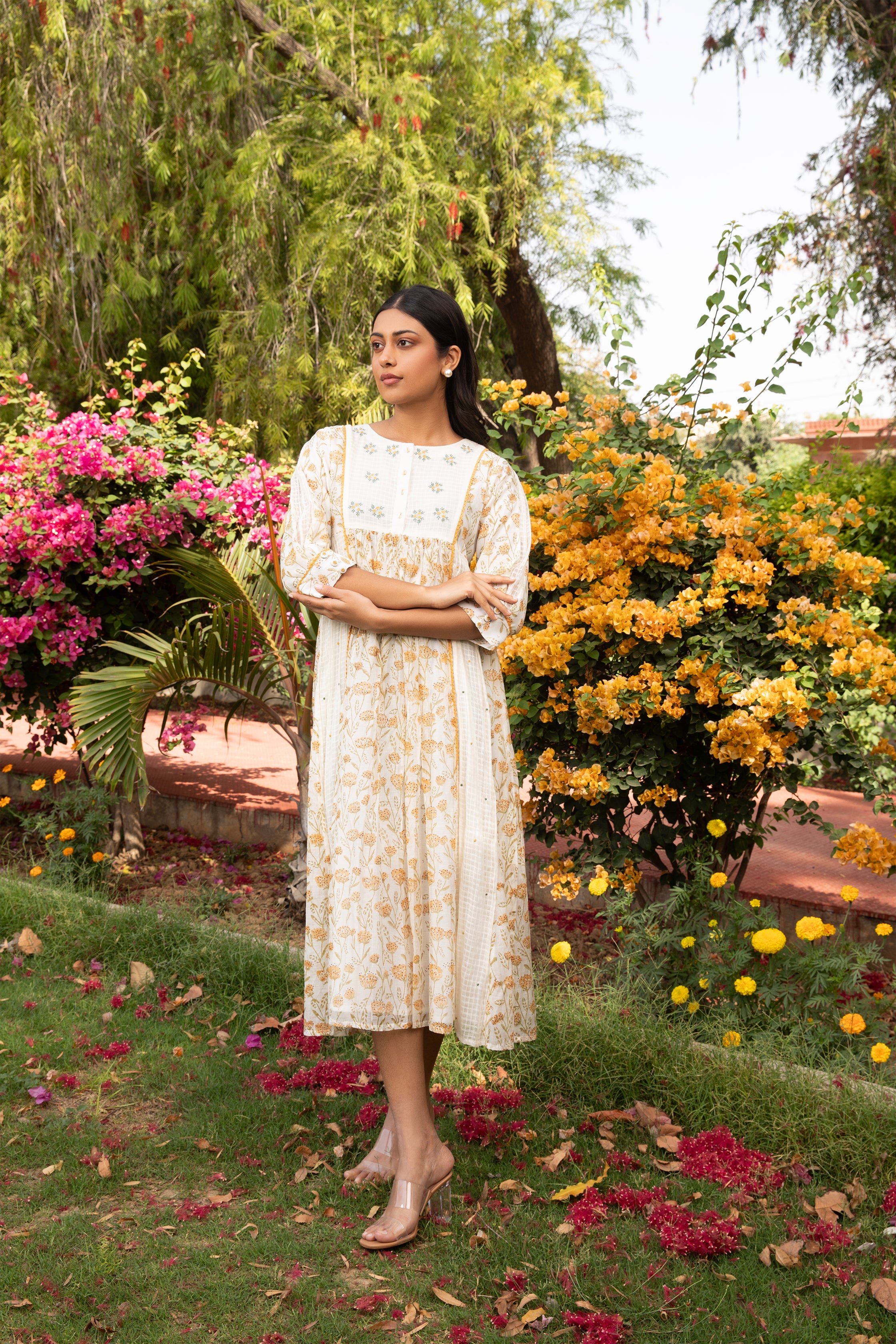 Yoke Kali Dobby Dress in Off White with Lace and Thread Embroidery