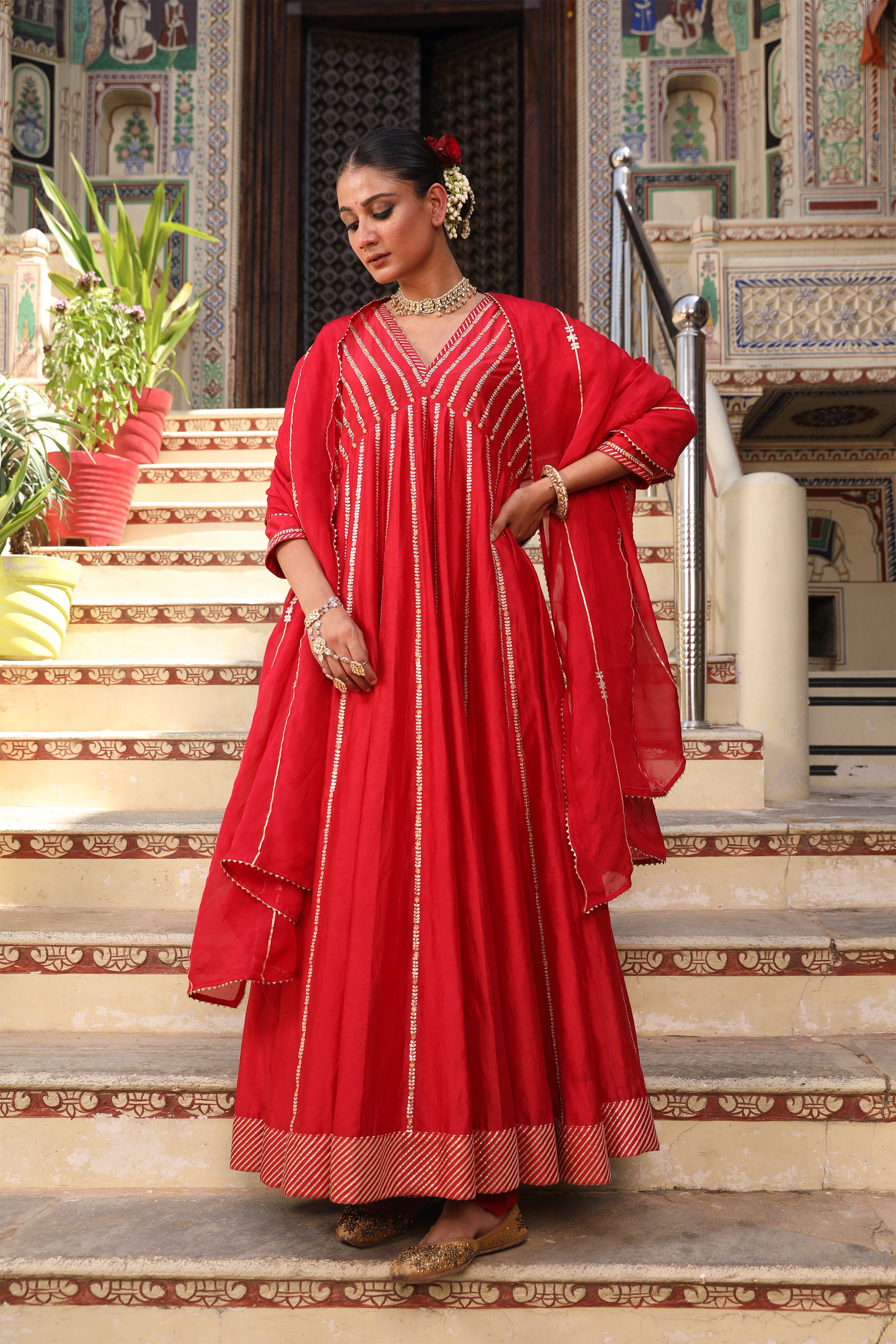 Begam Anarkali Set in Red with Hand Pitta Embroidery