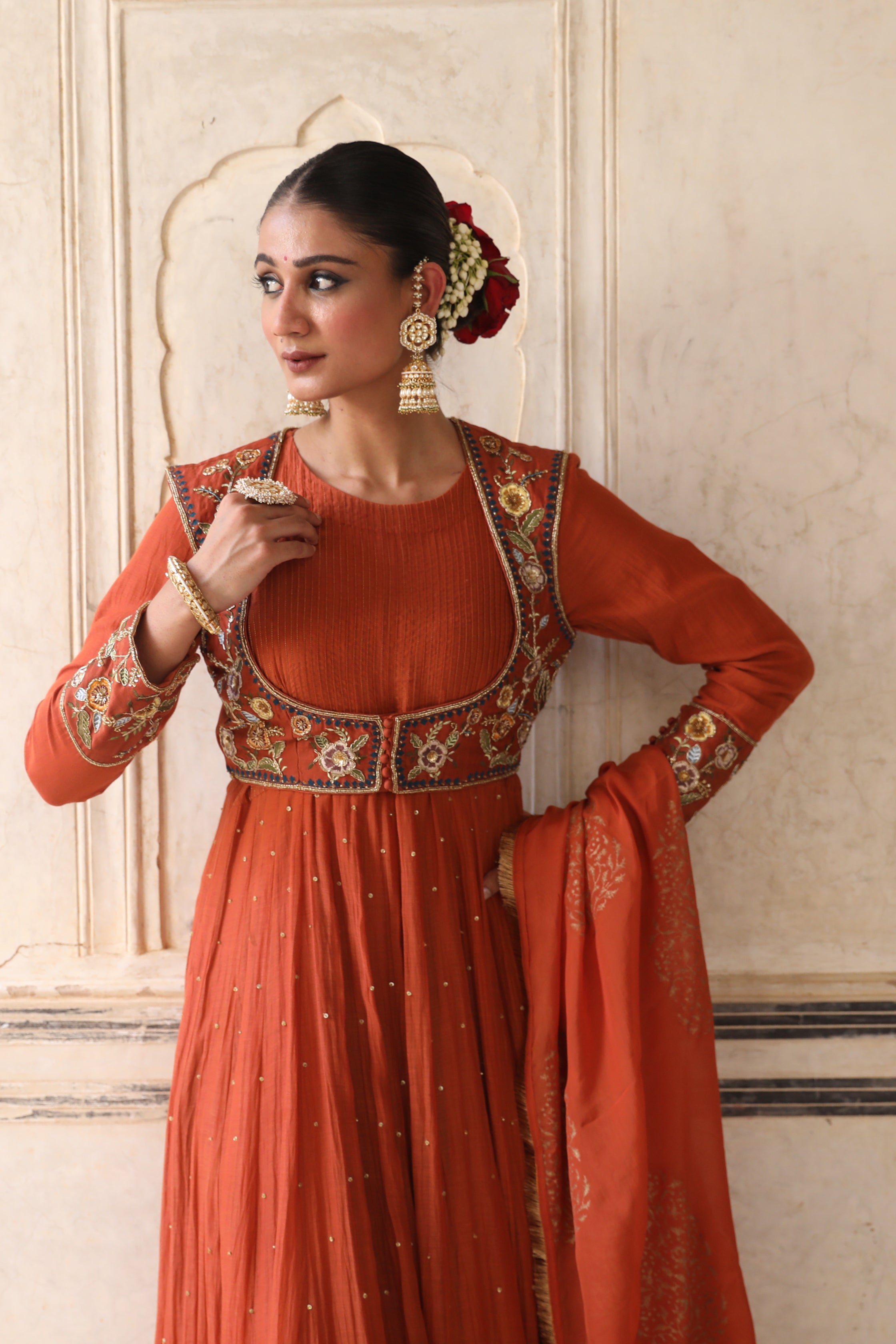 Serene Anarkali Set in Brick Rust with Thread Aari Handwork