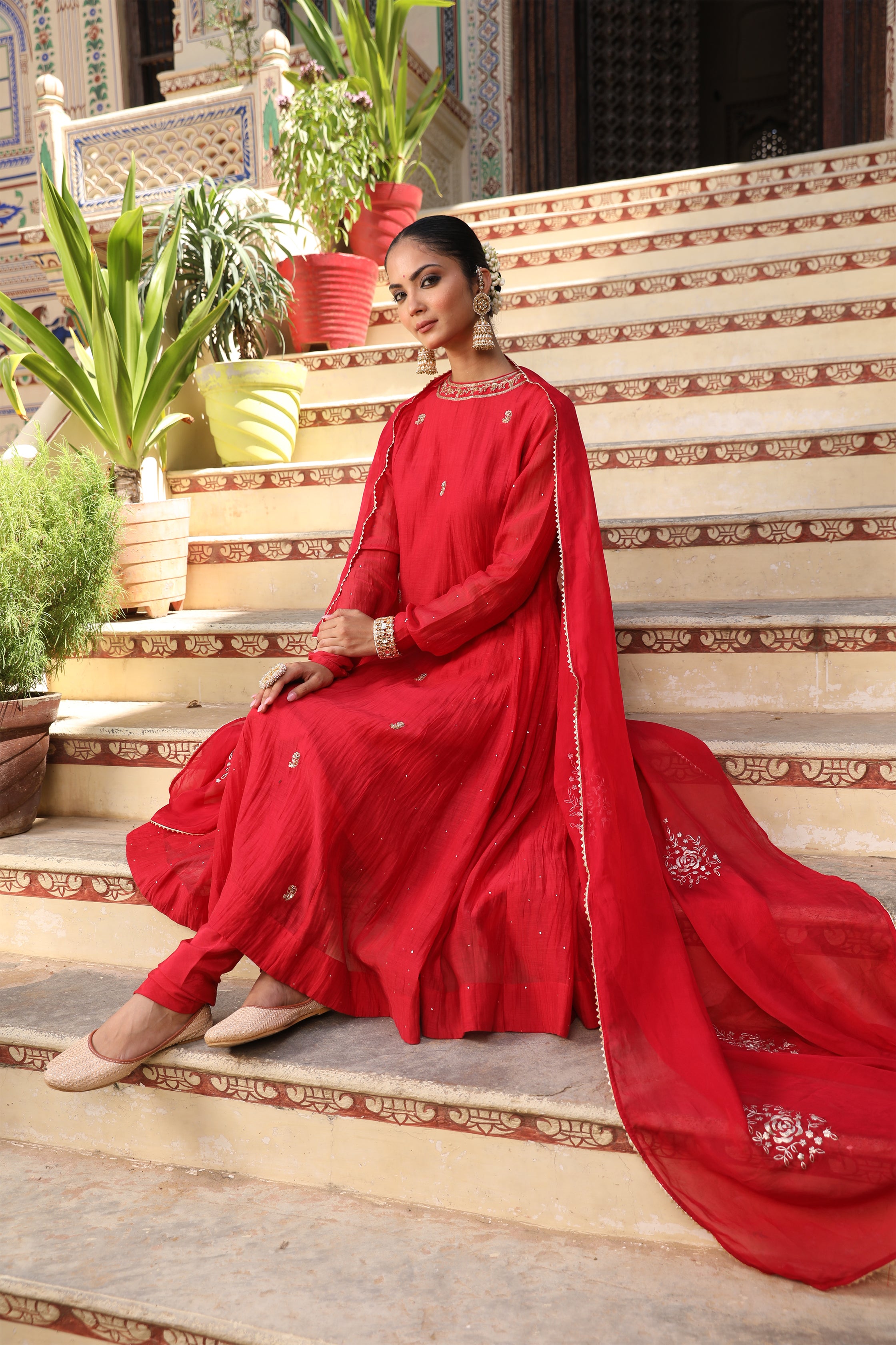 Gulbahar Suit Set in Red with Zardosi and Mukaish Handwork