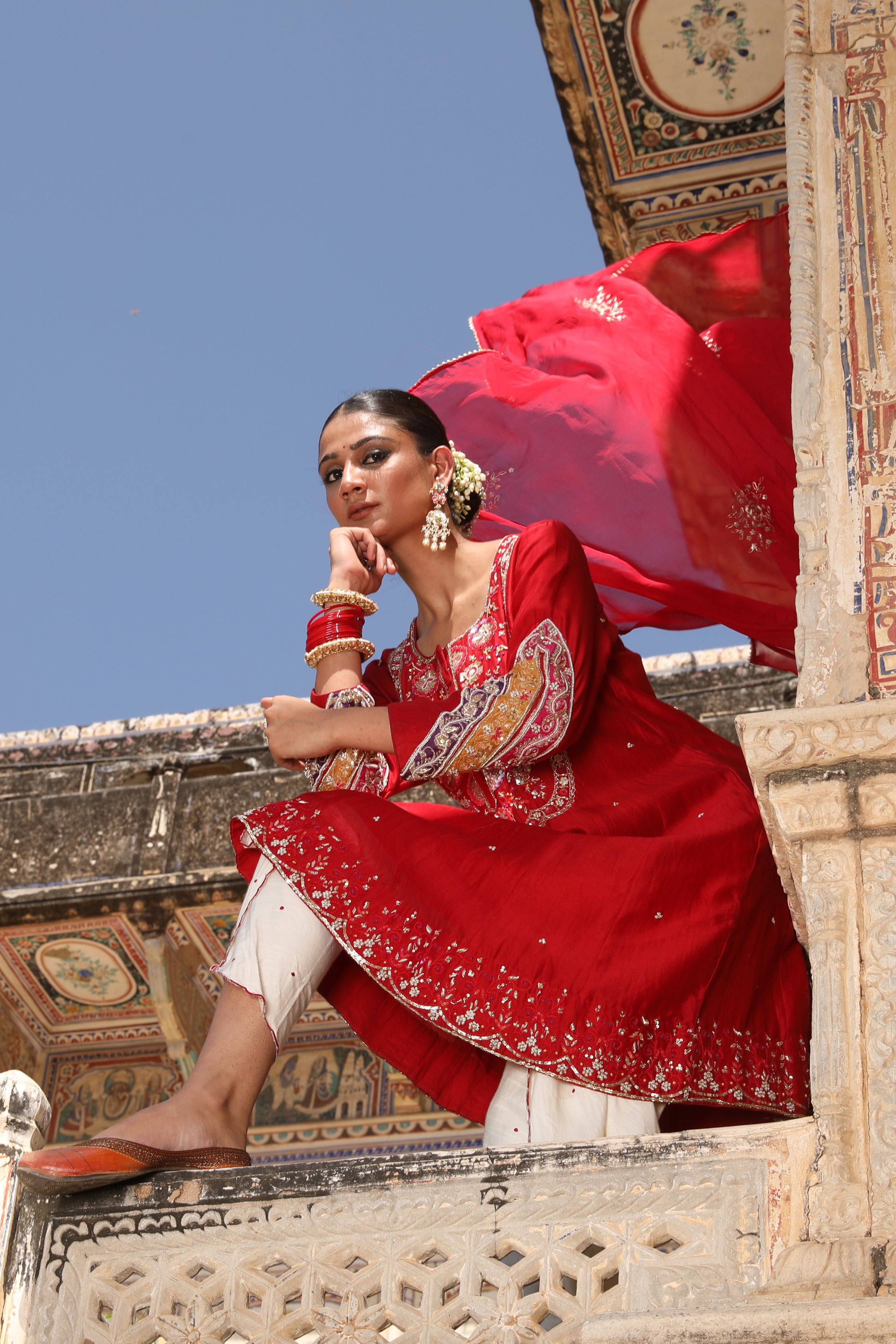 Zaheen Short Anarkali Set in Red with Aari Zardosi Handwork