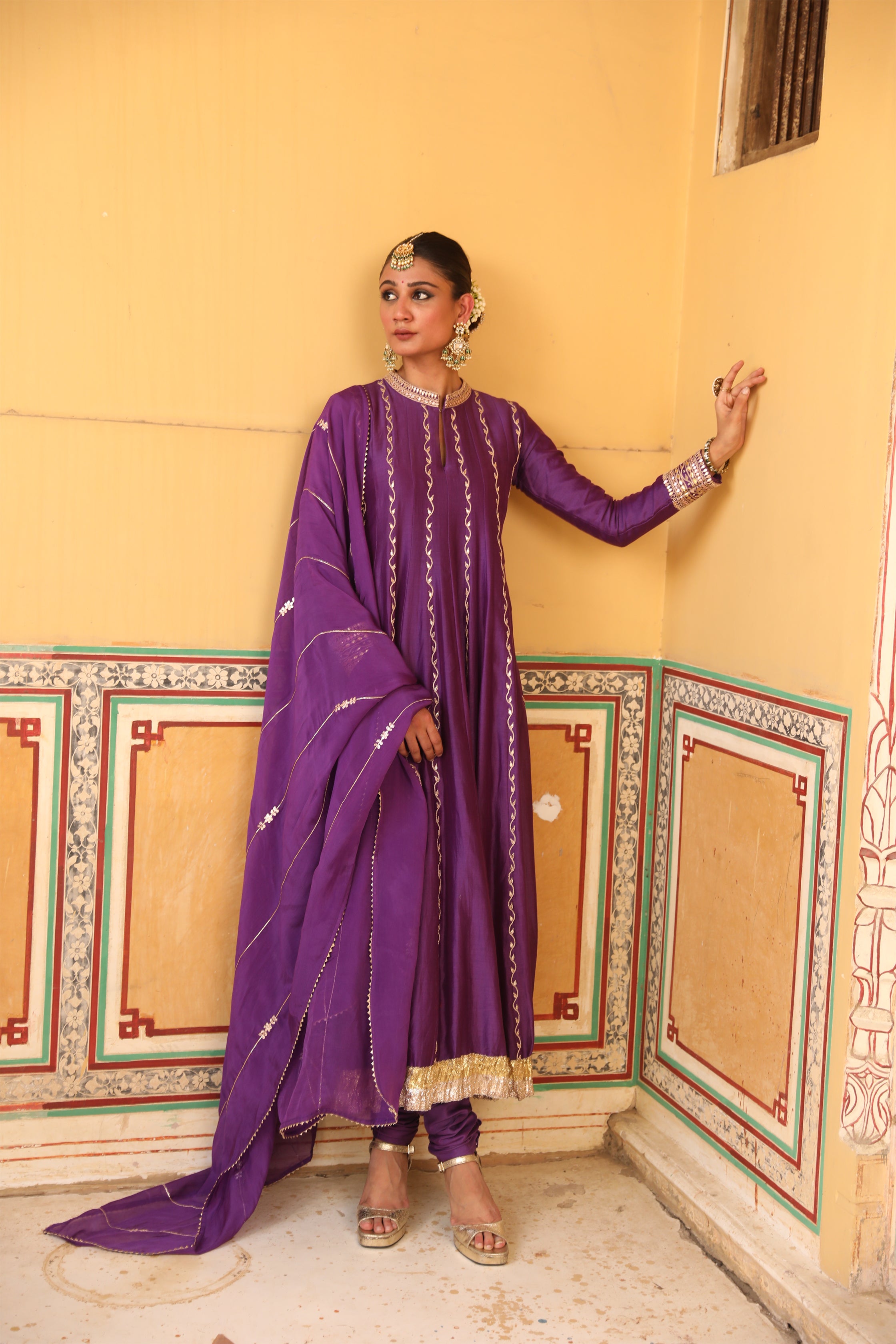 Kundan Anarkali Set in Purple with Gota Handwork