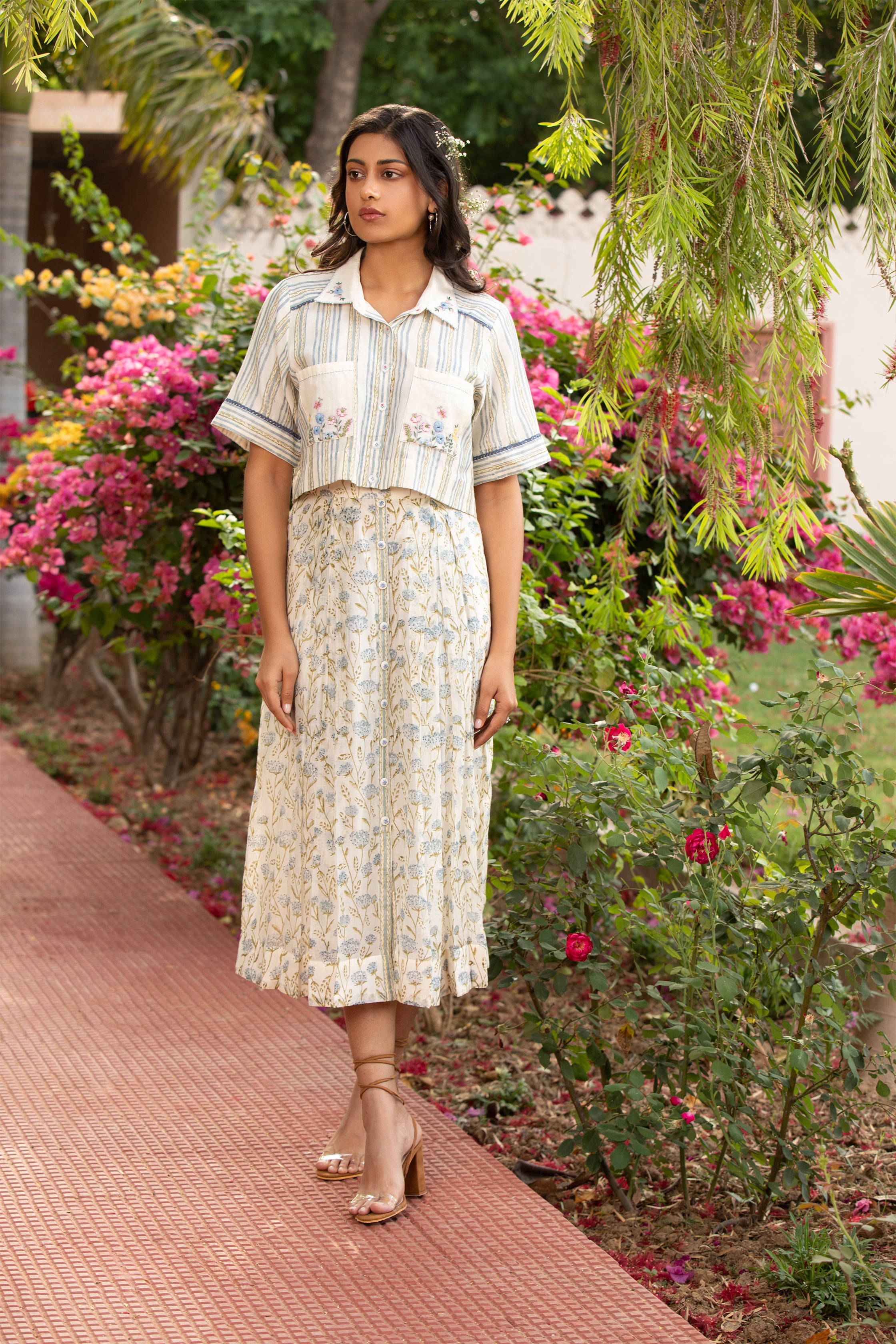 Crop Top and Box Pleated Skirt Set in Off White with Bead and Thread Embroidery