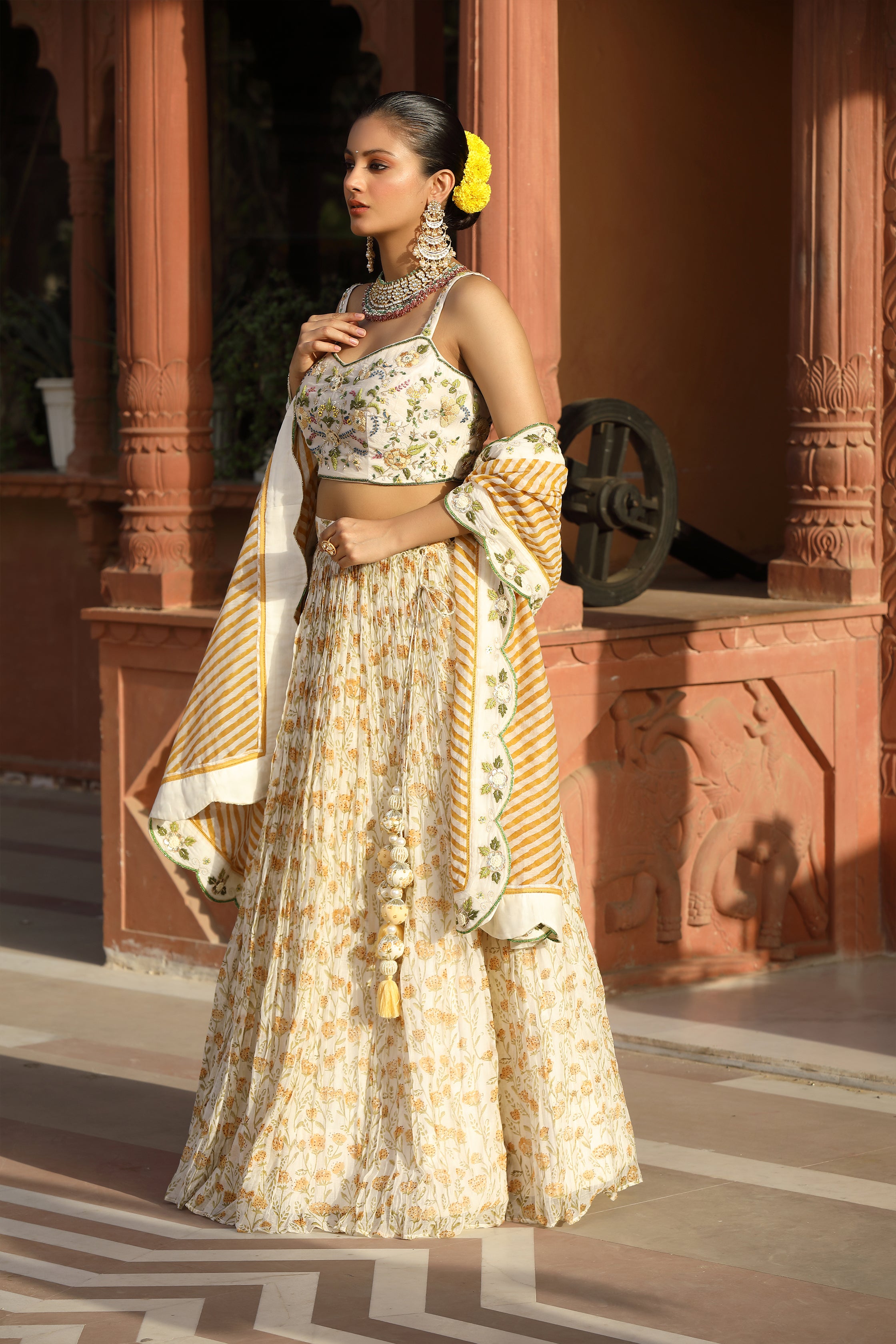 Yellow Cotton Silk Lehenga Set with Detailed Embroidered Blouse and Block Printed Dupatta