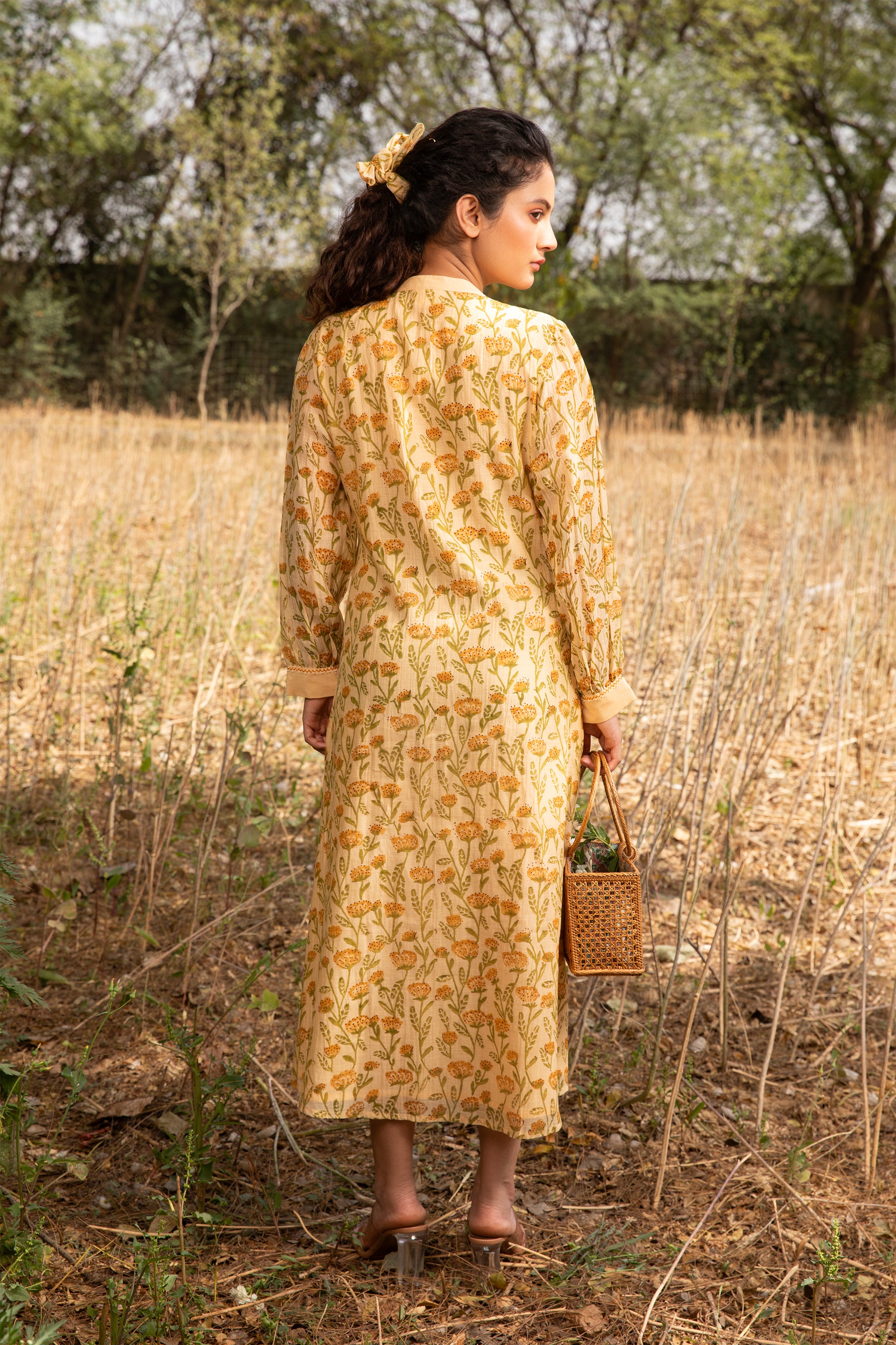 Yellow Solid Dress with Embroidered Yoke and Full Sleeves