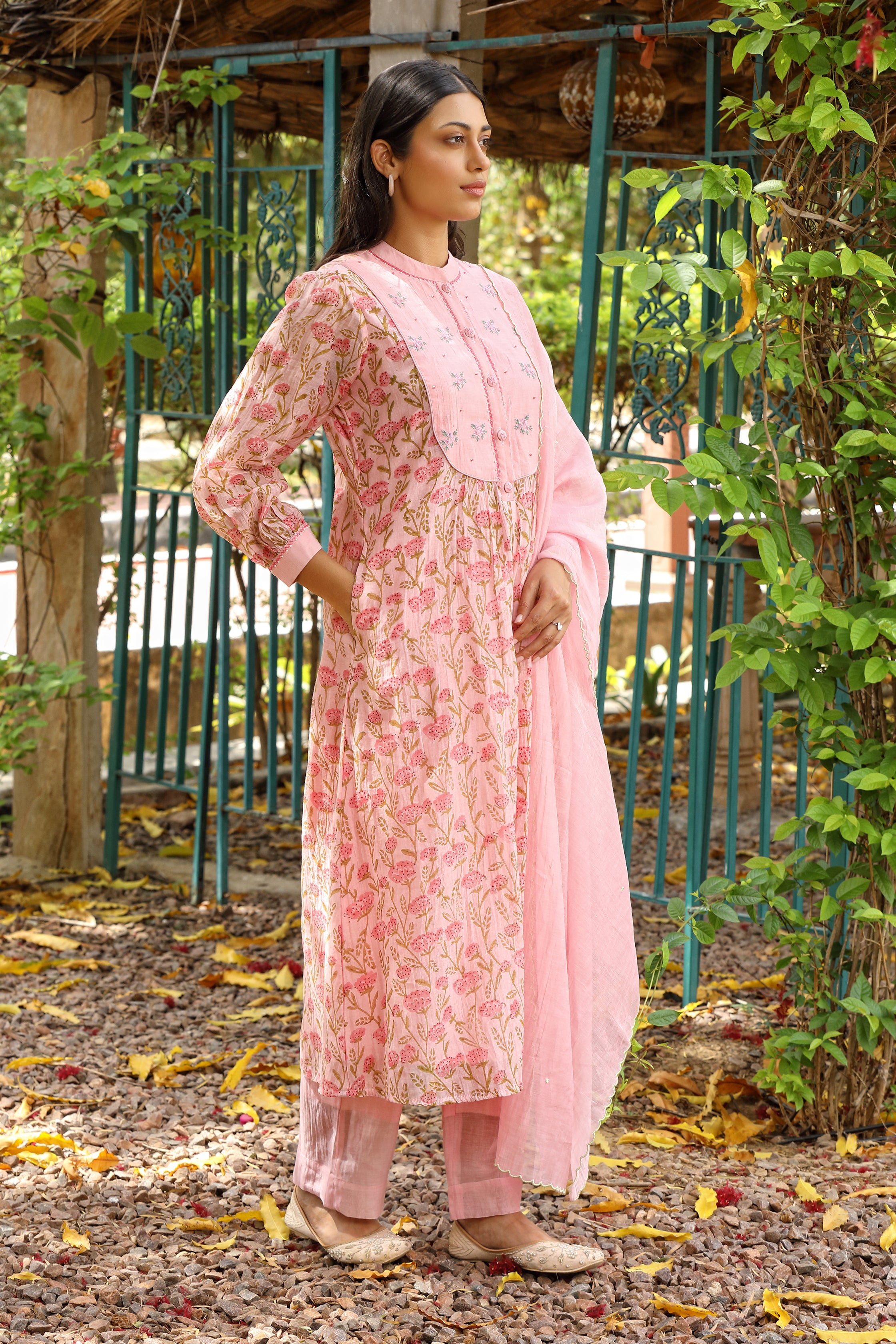 Bougan Suit Set in Pink with Embroidered Dupatta