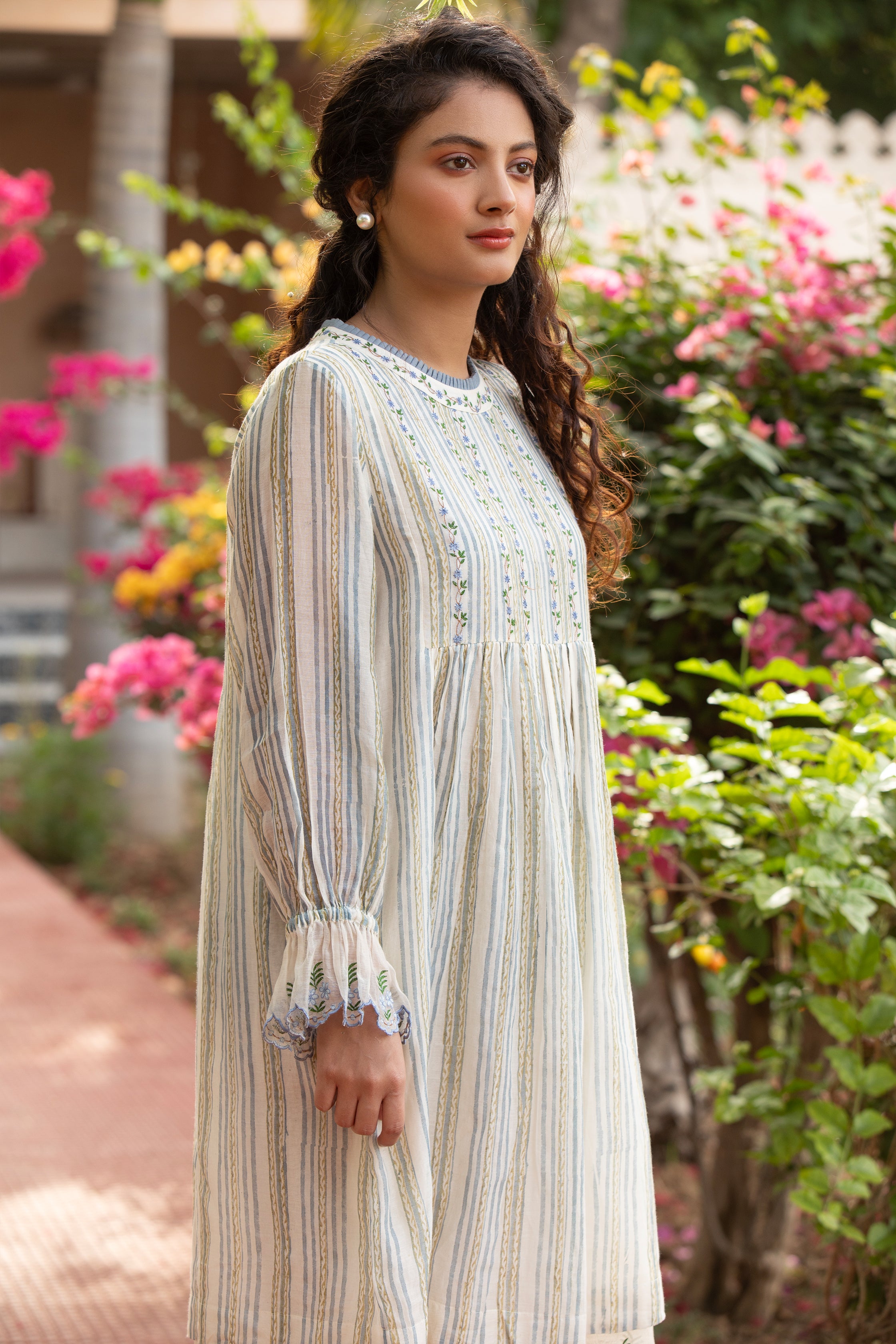 Short Frill Dress in Off White with Embroidered Yoke and Sleeves