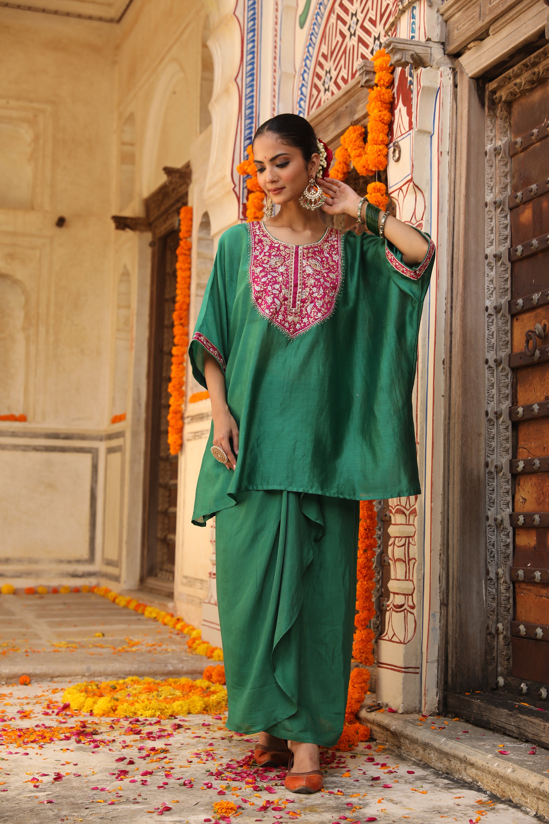 Hayaat Dhoti Set in Teal Green with Hand Pitta Embroidery