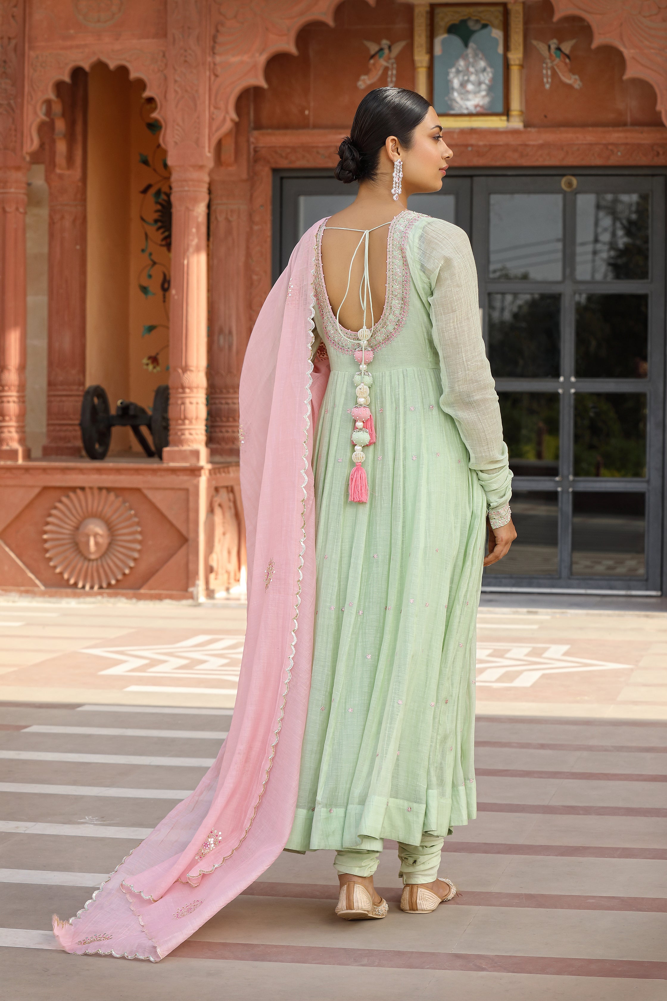 Green Anarkali Set in Lime Green with Contrast Dupatta