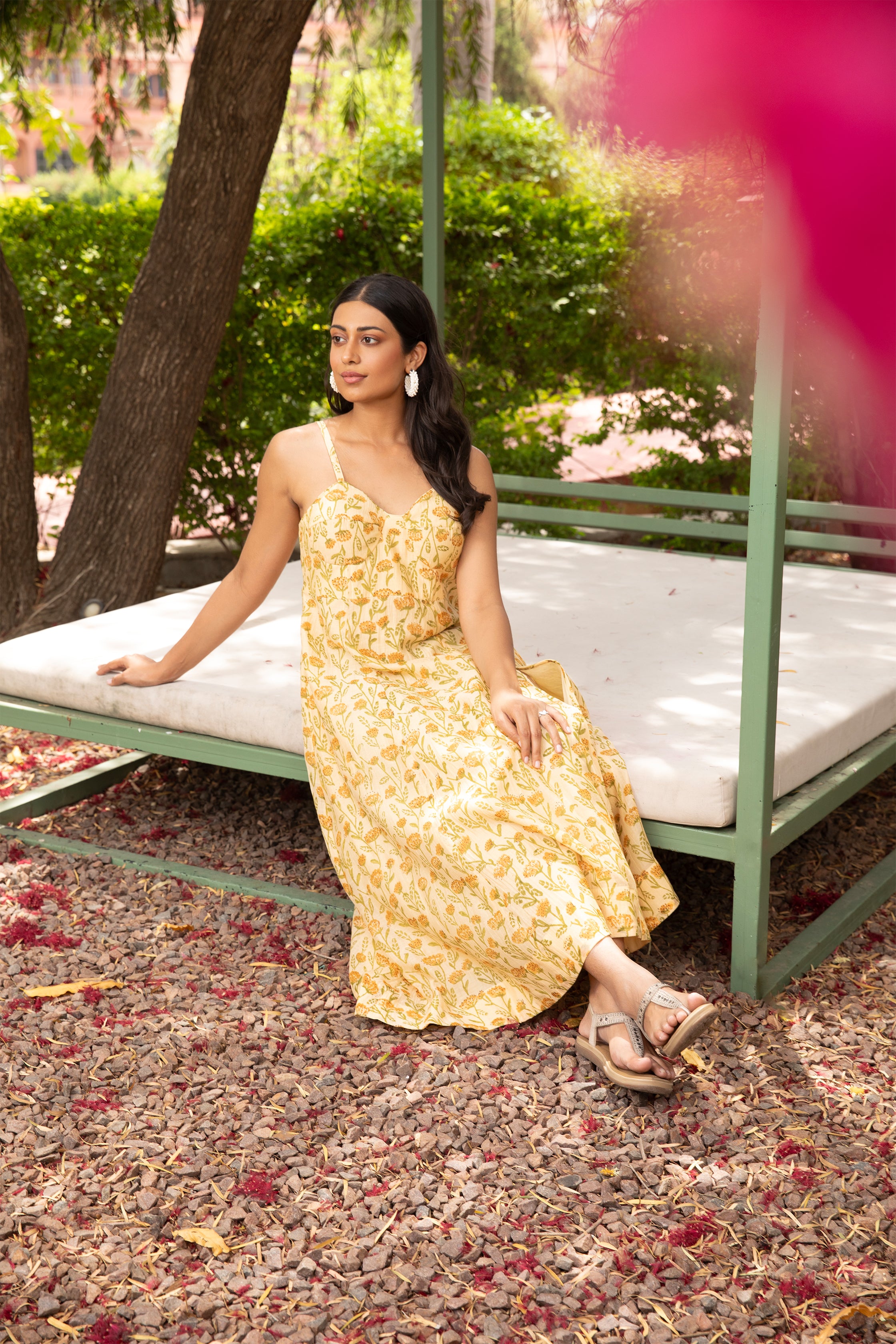 Yellow Corset Dress with Sweetheart Neck and Block Print Detailing