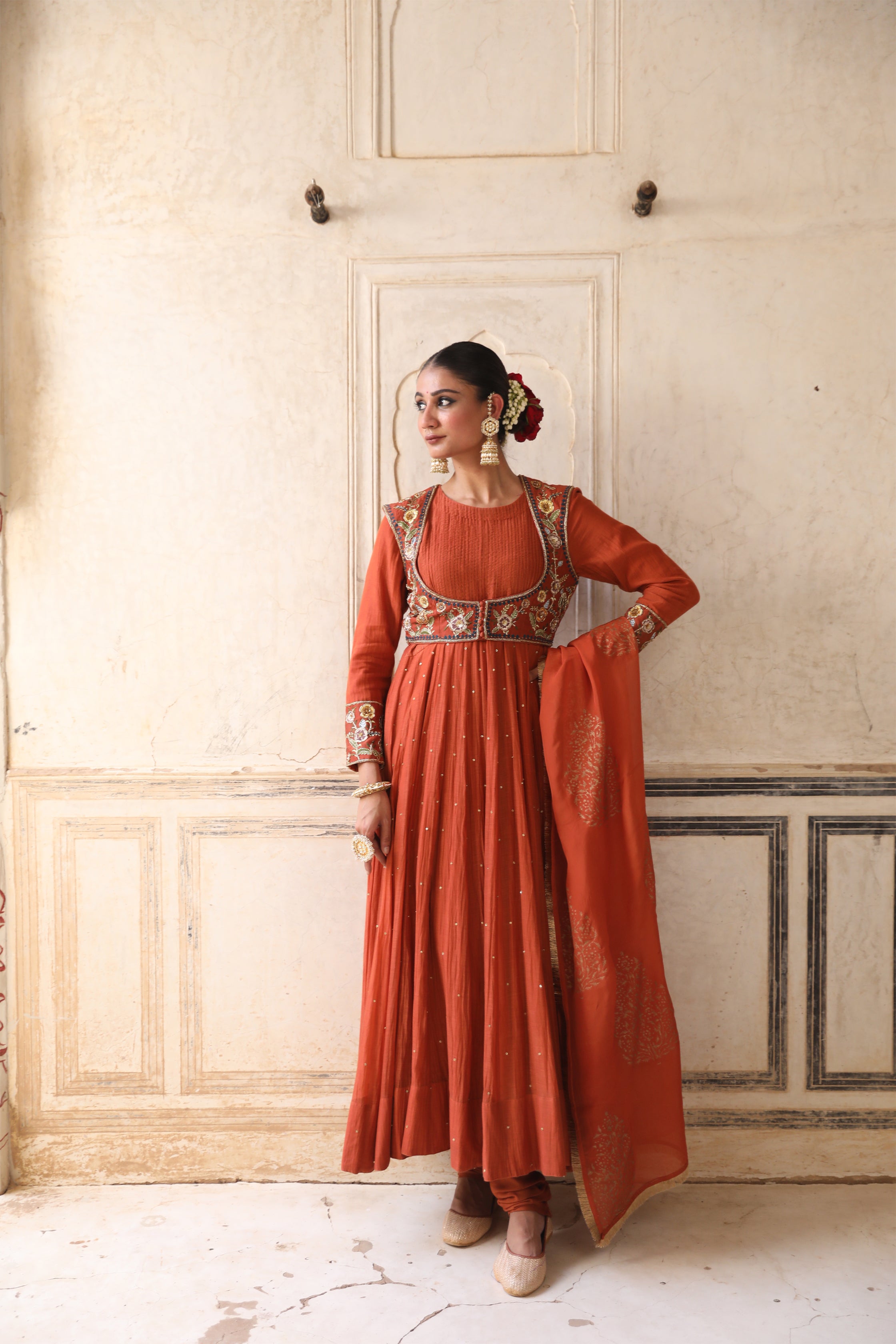 Serene Anarkali Set in Brick Rust with Thread Aari Handwork