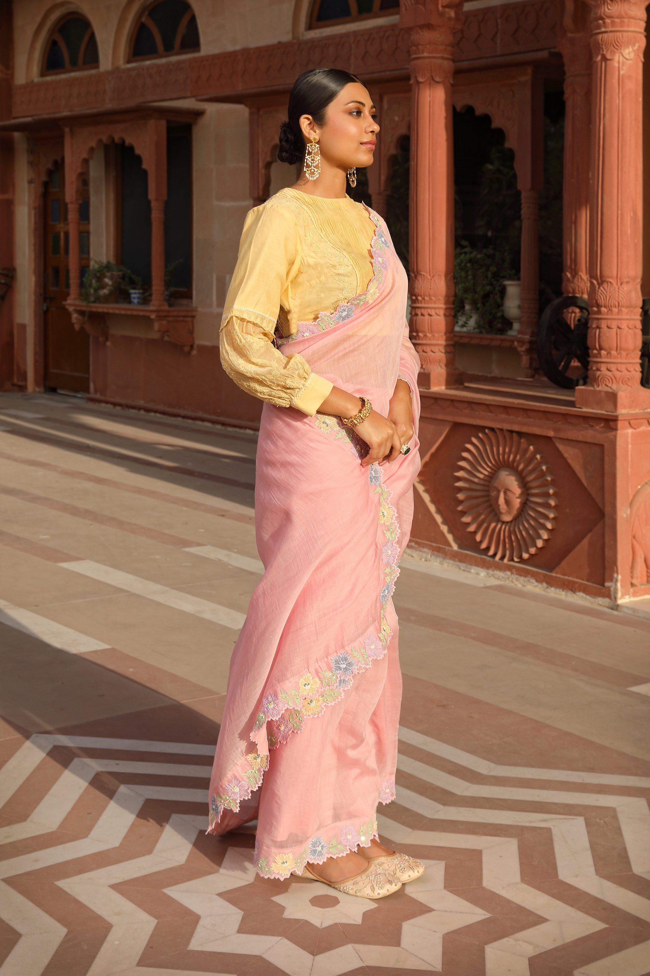 Pink Applique Saree with Multicolor Cutwork Border