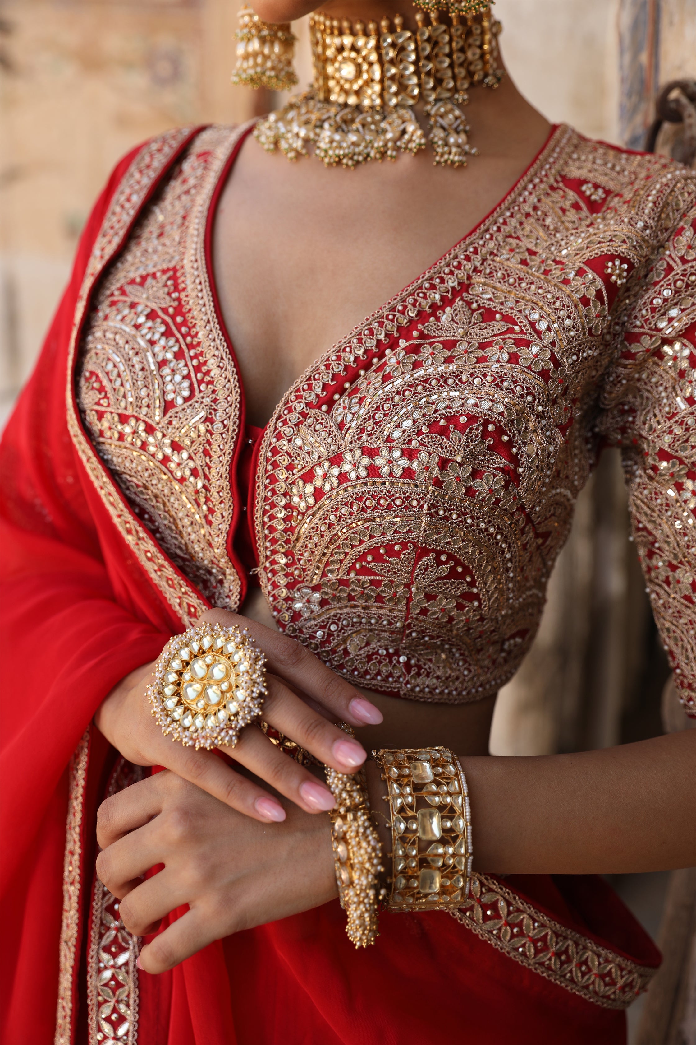 Laal Surakh Saree in Red Organza with Marodi Handwork