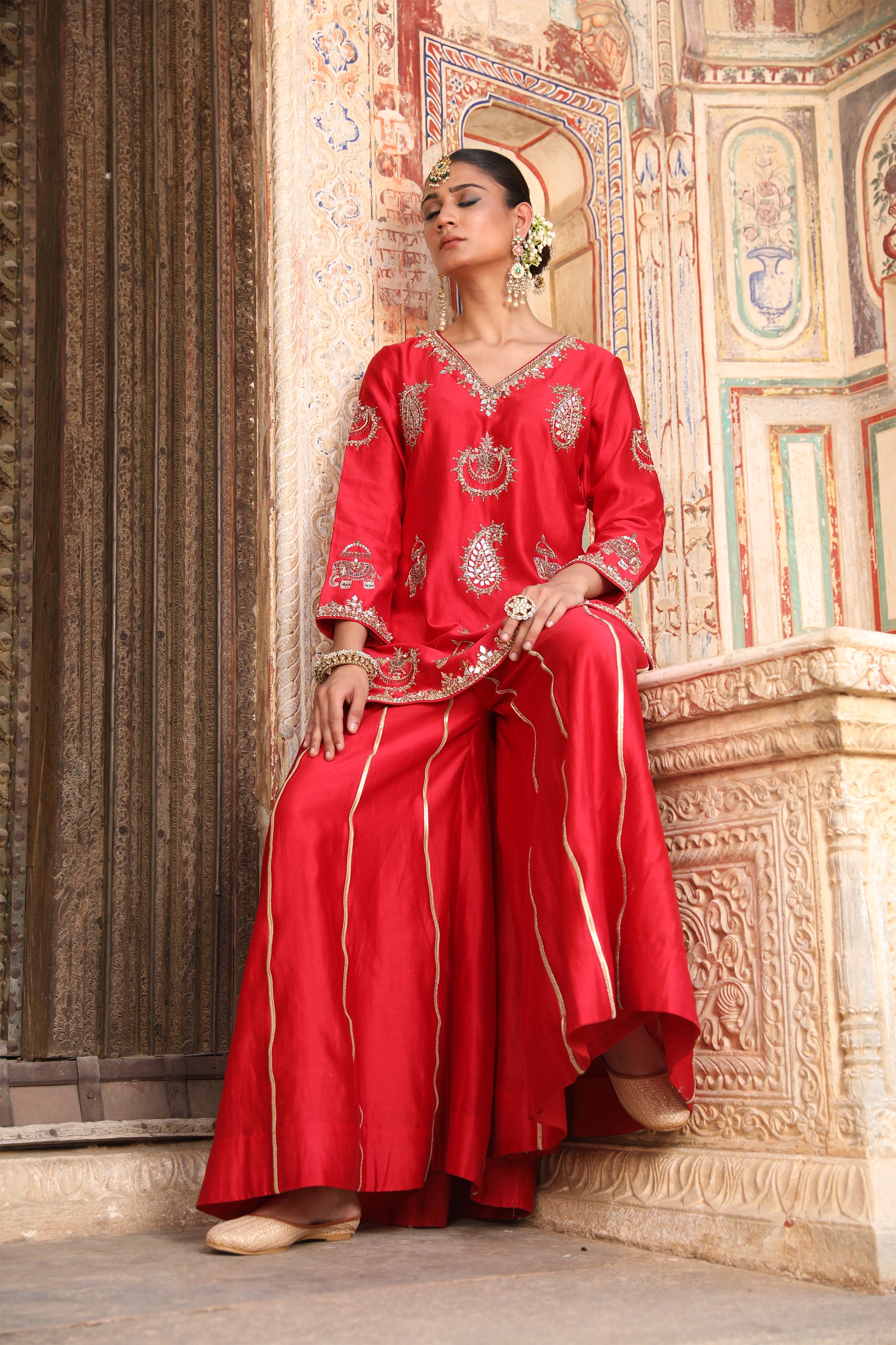 Gaj Sharara Set in Red Silk with Gota Patti & Zardosi Handwork