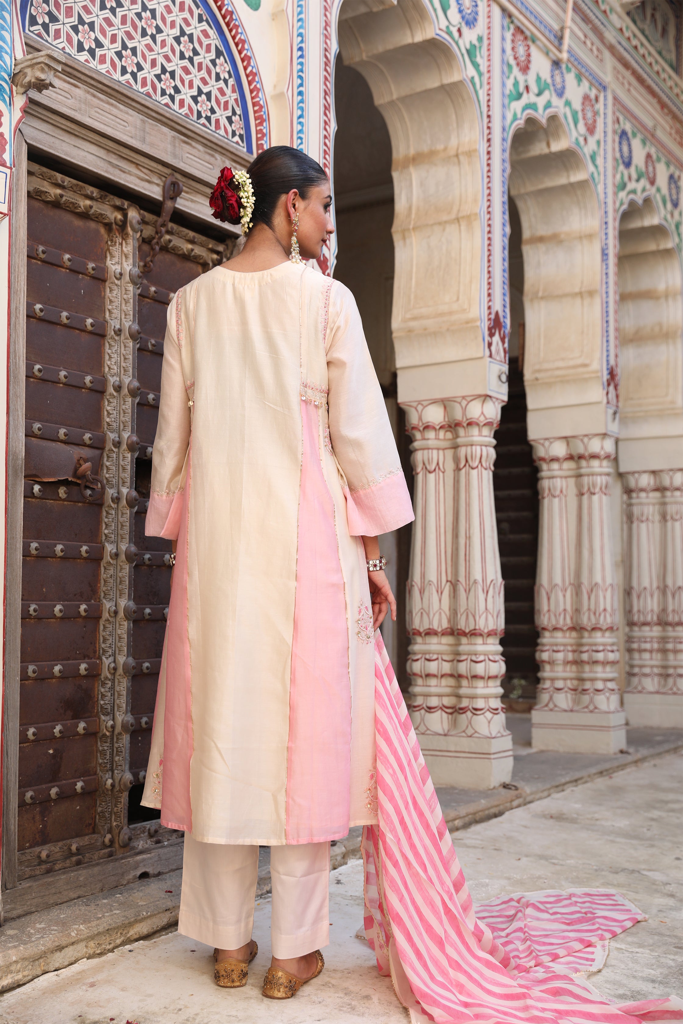 Mishthi Kali Suit Set in Ivory & Pink with Pitta Handwork