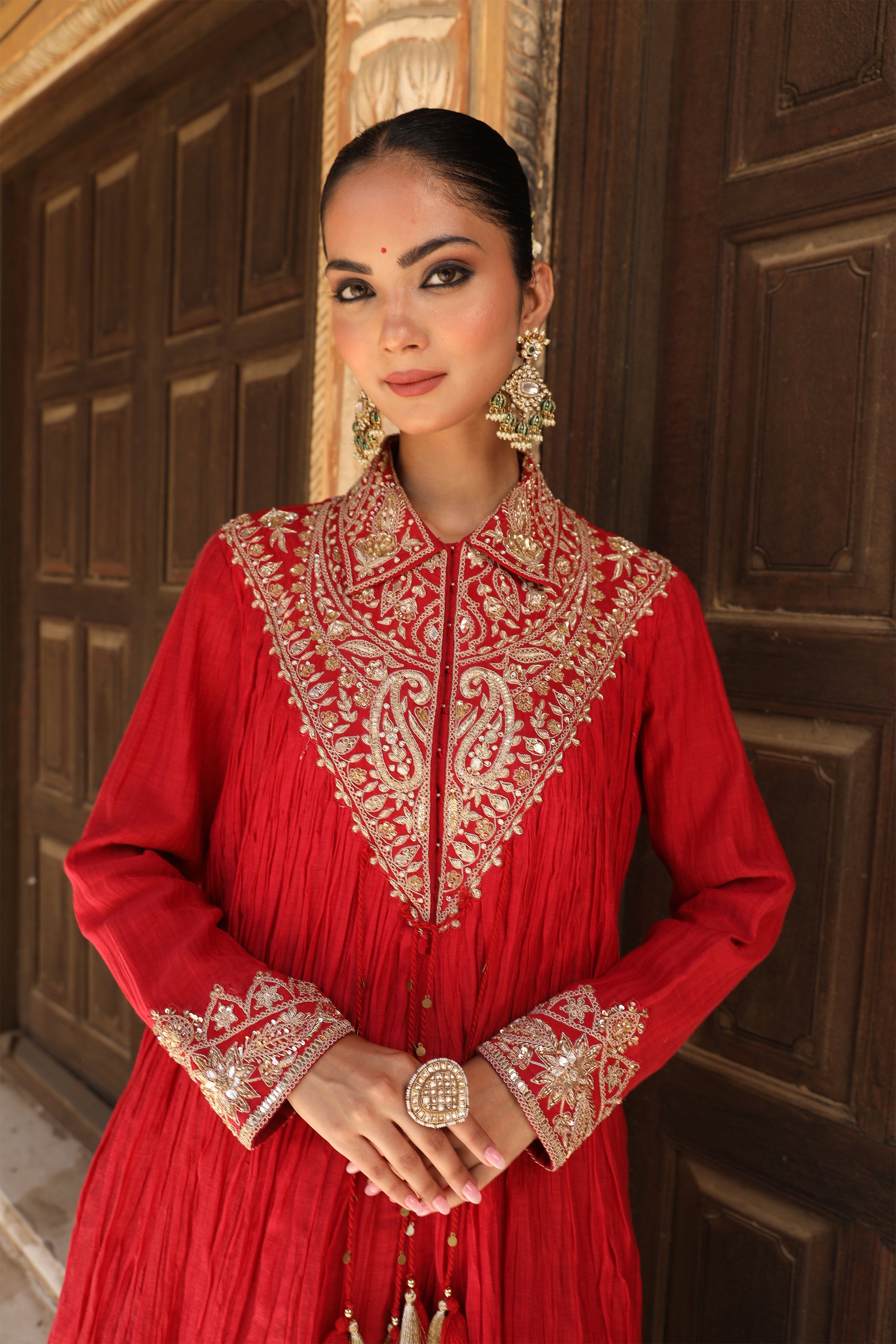 Ruhani Sharara Set in Red with Marodi Handwork