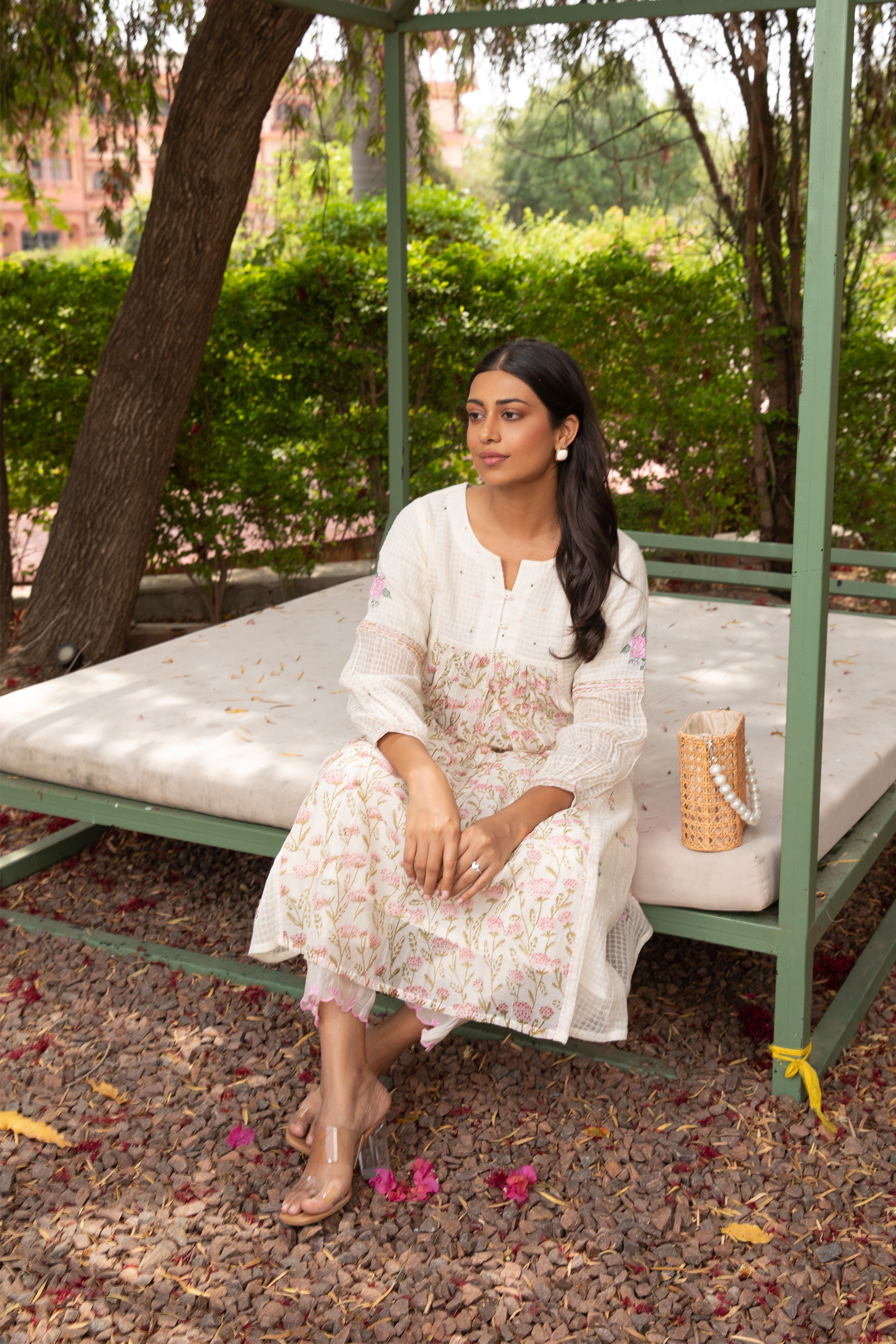 Gul Gather Dobby Kurta Set in Off White with Subtle Embroidery