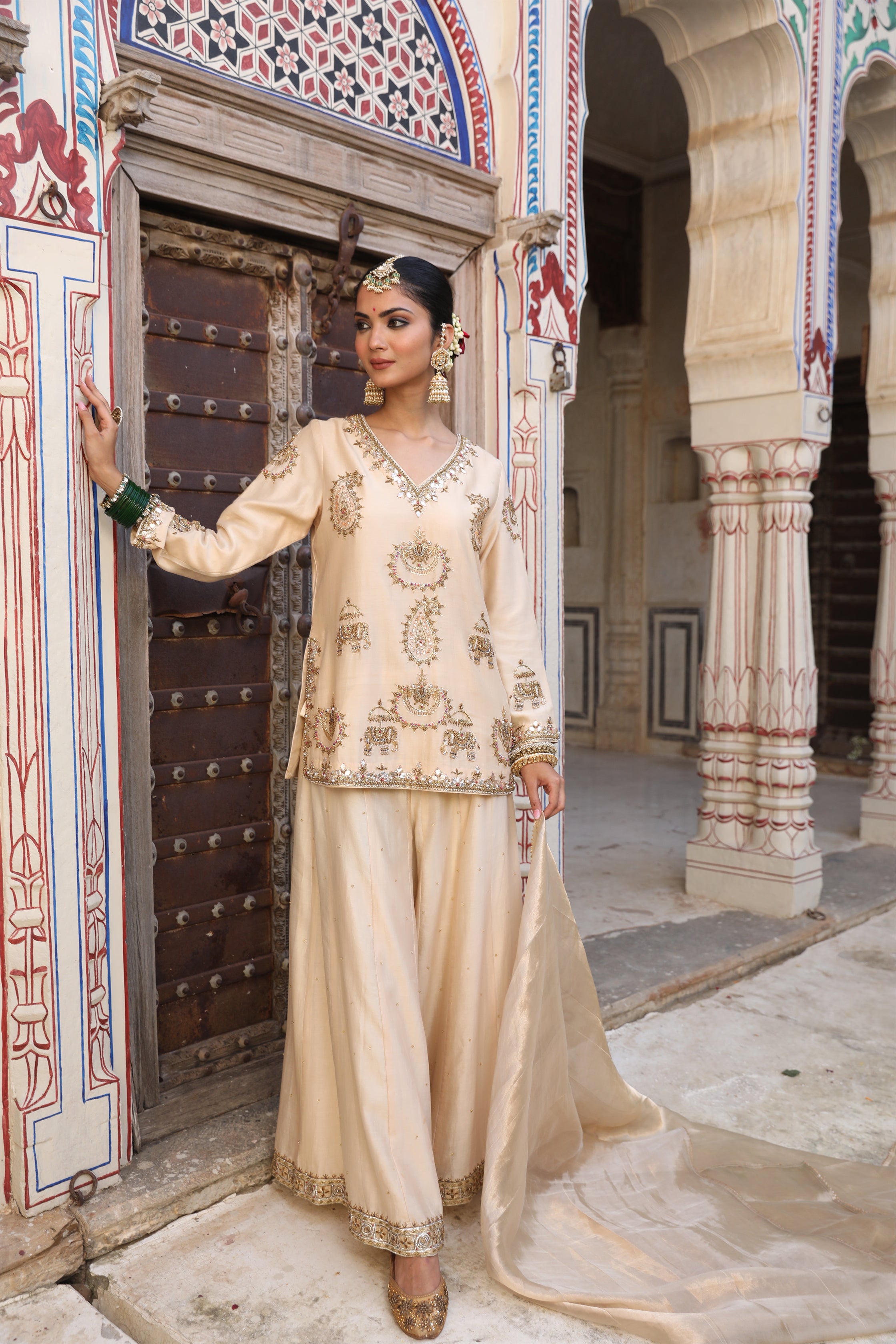 Gaj Sharara Set in Beige with Gota and Zardosi Handwork