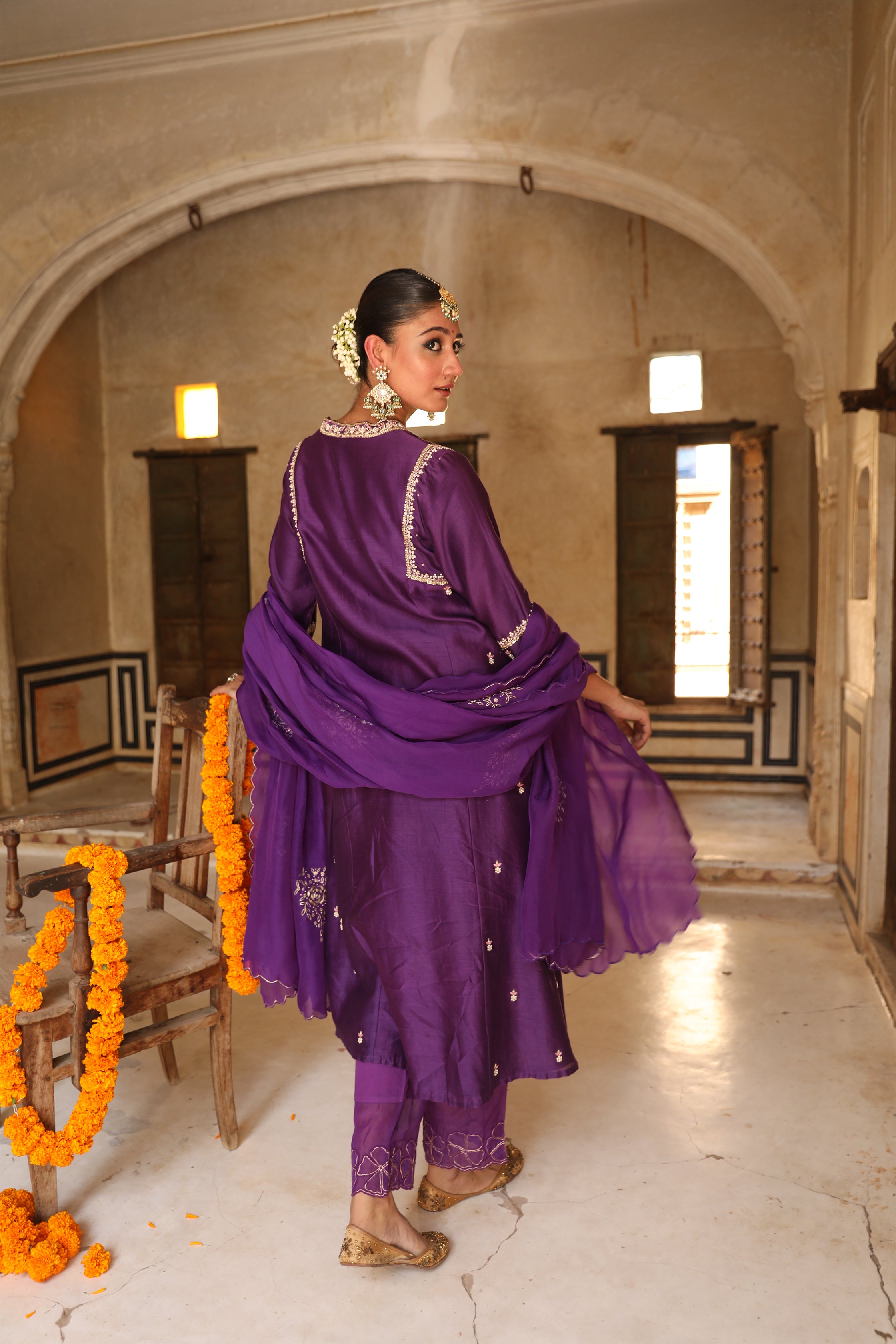 Kashvi A-Line Suit Set in Purple with Zardosi Handwork