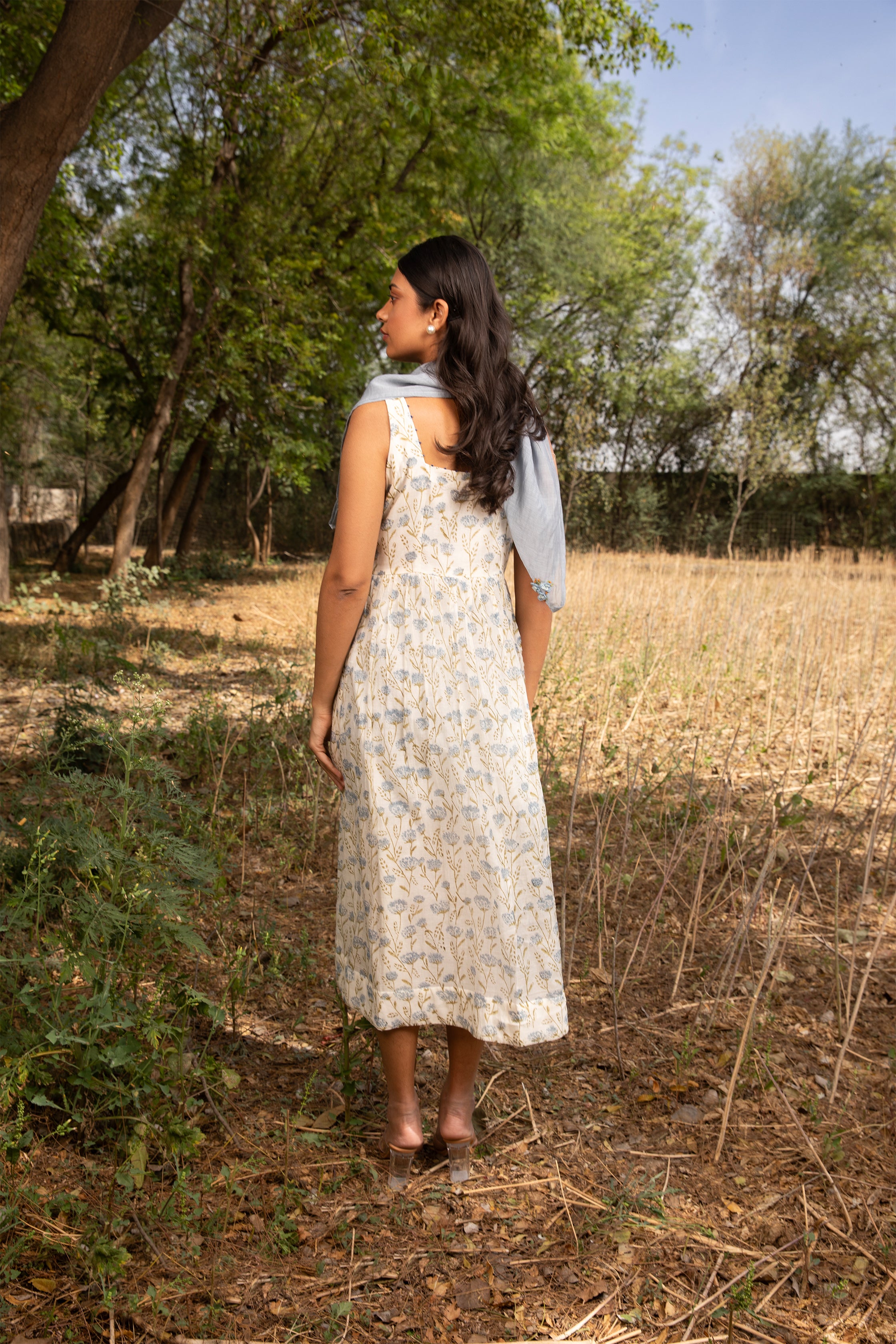 Sleeveless Dress in Off White with Sweetheart Neck and Subtle Embroidery