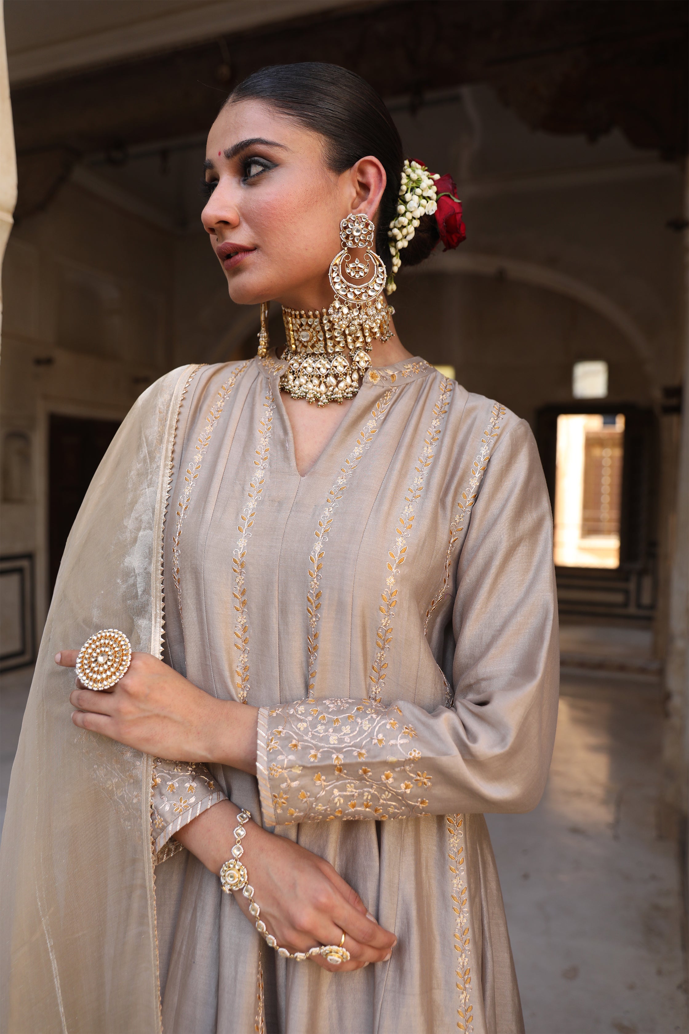 Pal Anarkali Set in Ash Color with Hand Pitta Embroidery