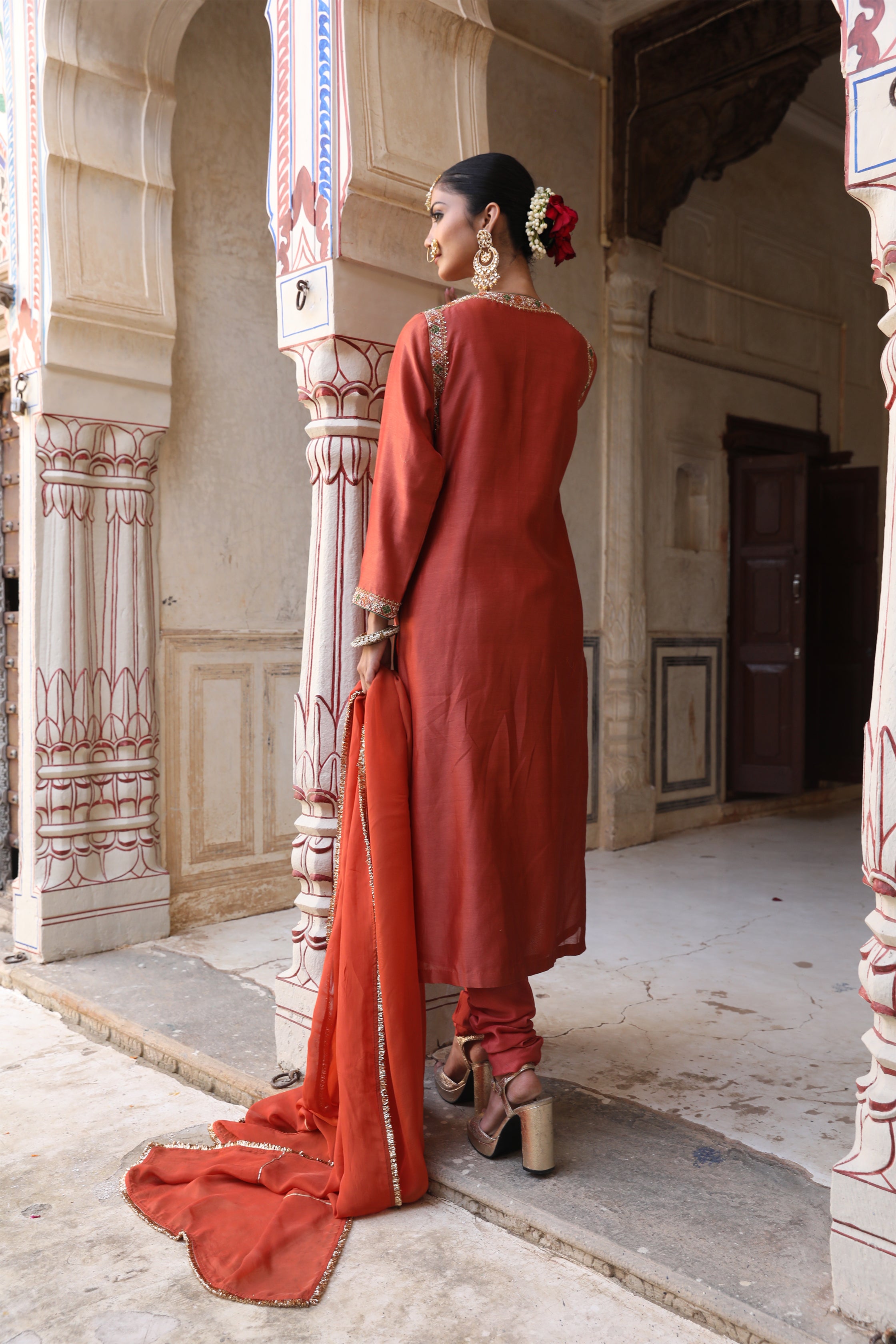 Straight Suit Set in Brick Rust with Zardosi Handwork