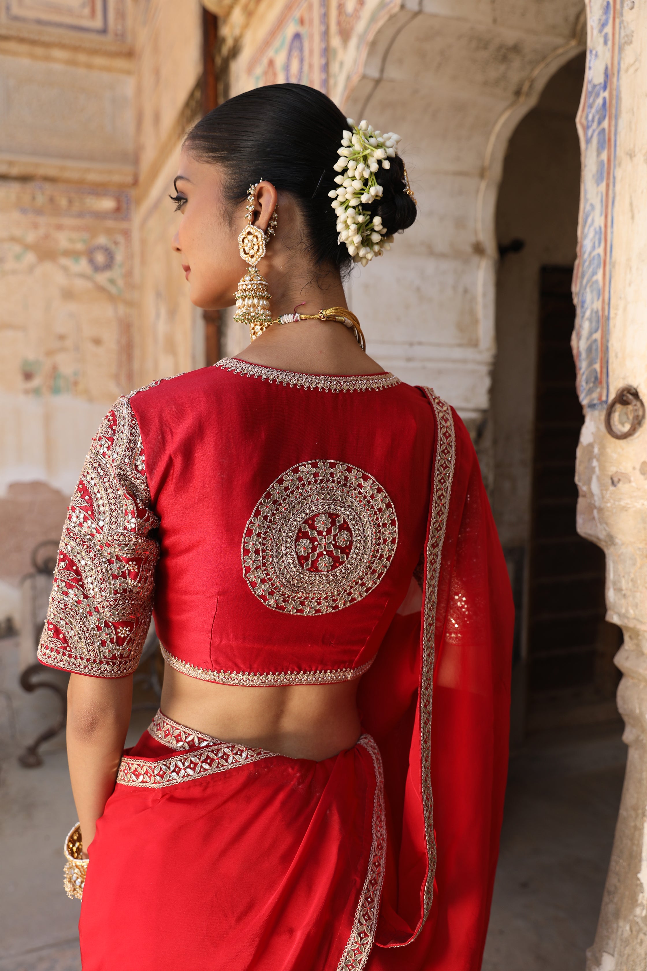 Laal Surakh Saree in Red Organza with Marodi Handwork