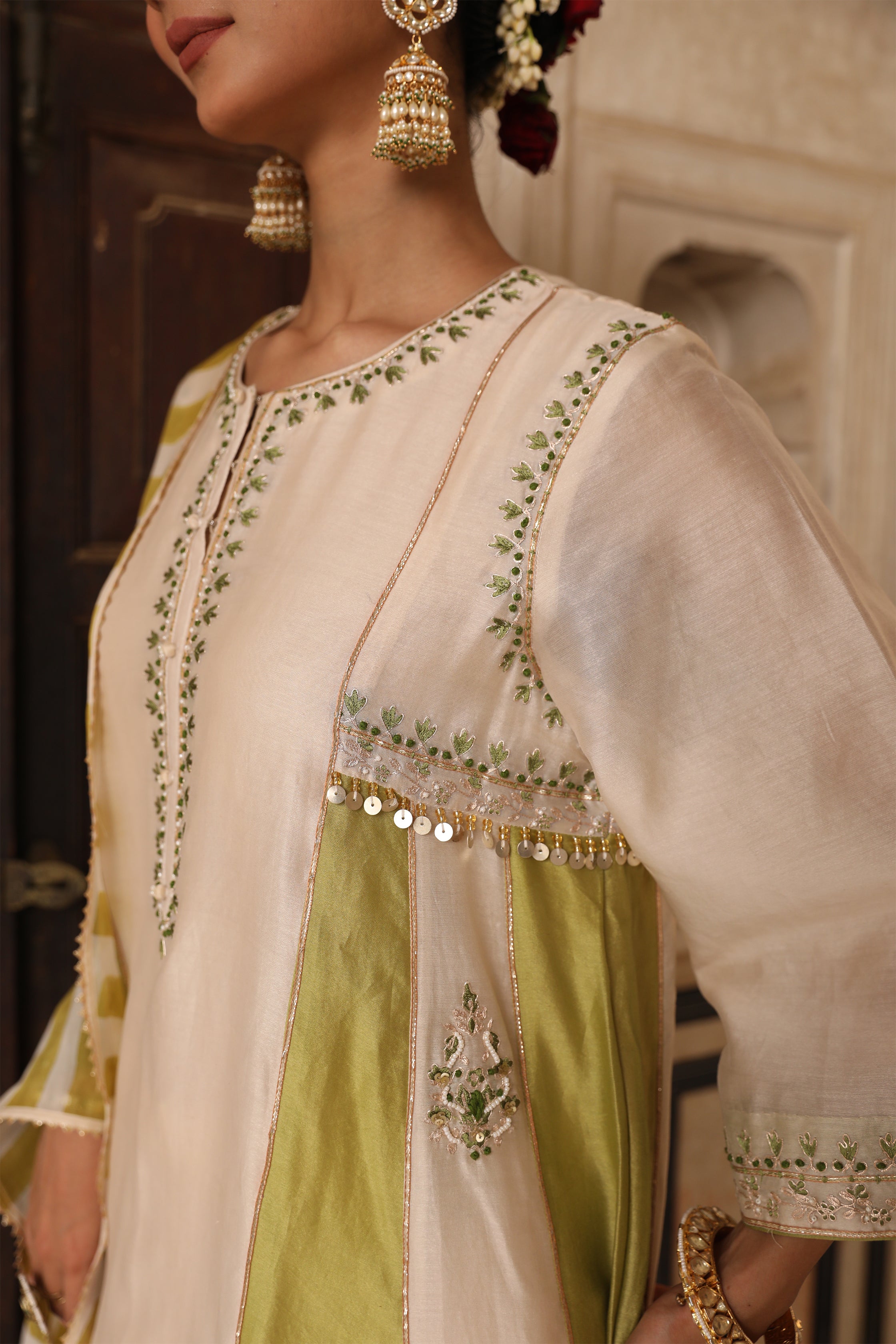 Mishthi Kali Suit Set in Ivory & Green with Pitta Handwork