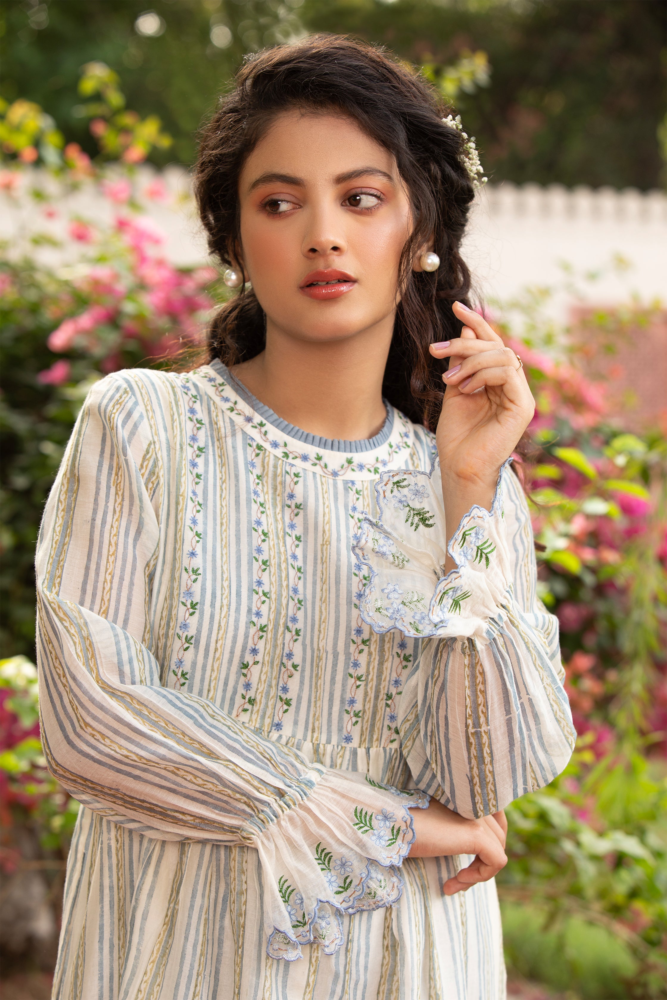 Crop Top and Box Pleated Skirt Set in Off White with Bead and Thread Embroidery