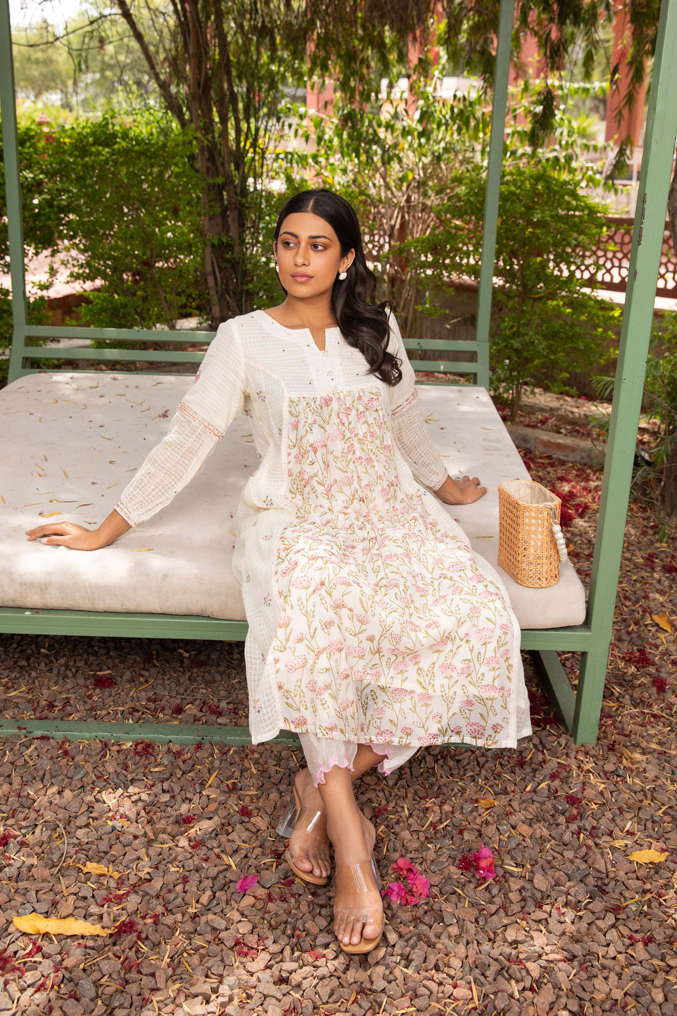 Gul Gather Dobby Kurta Set in Off White with Subtle Embroidery