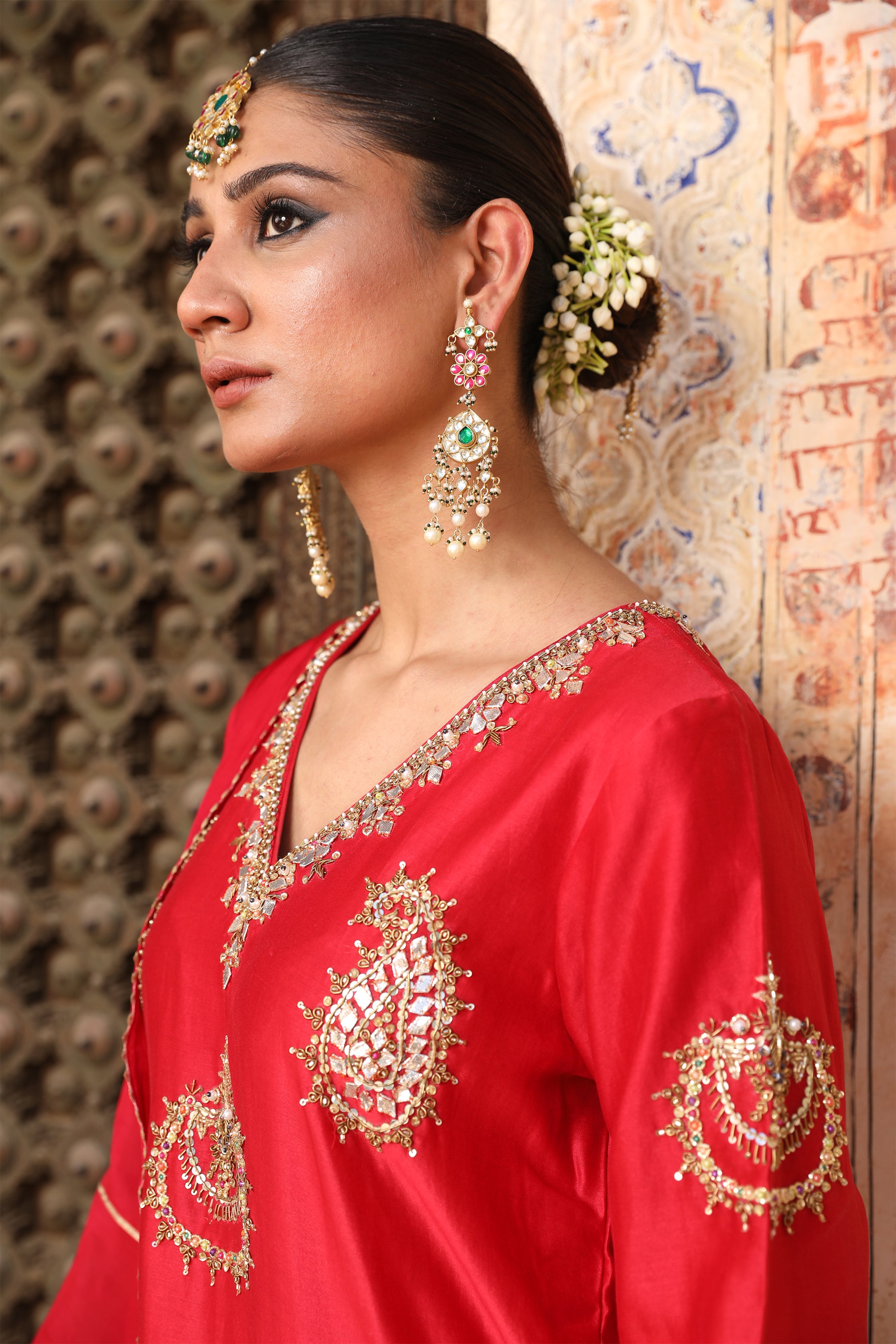 Gaj Sharara Set in Red Silk with Gota Patti & Zardosi Handwork