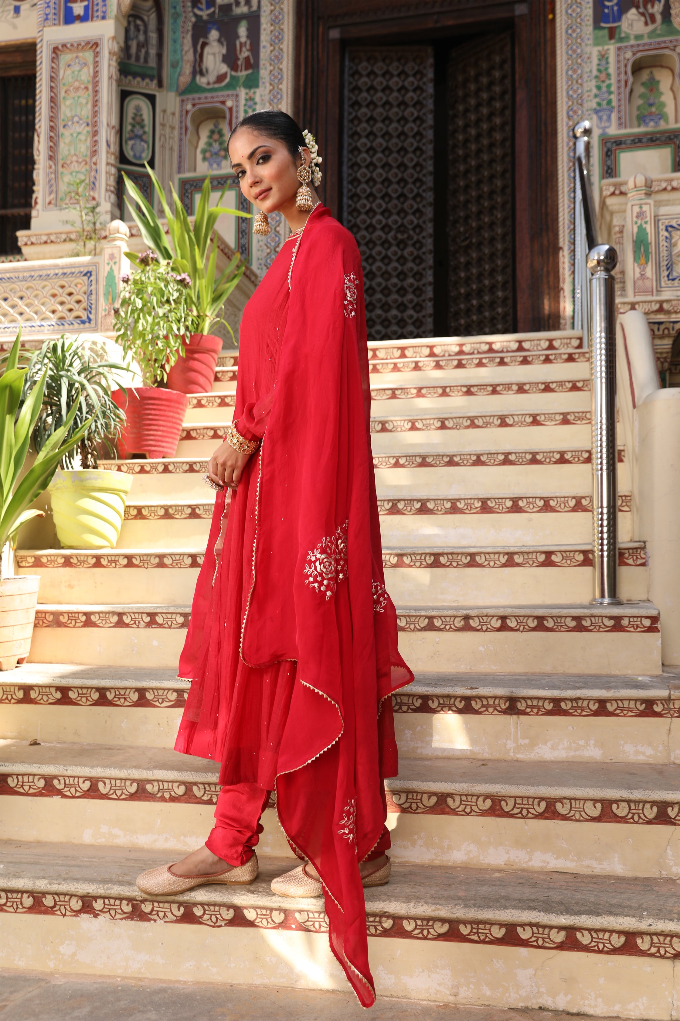 Gulbahar Suit Set in Red with Zardosi and Mukaish Handwork