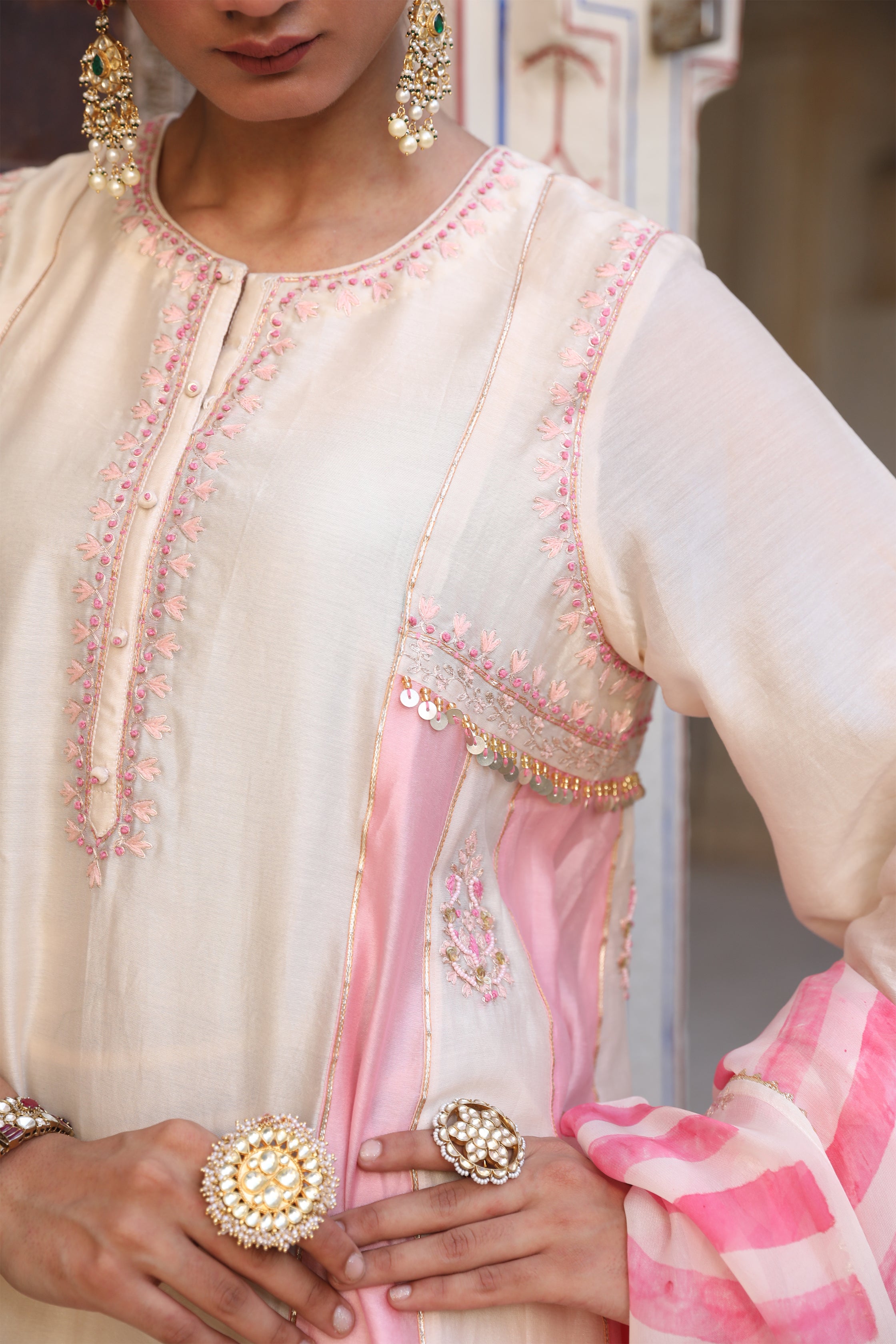 Mishthi Kali Suit Set in Ivory & Pink with Pitta Handwork